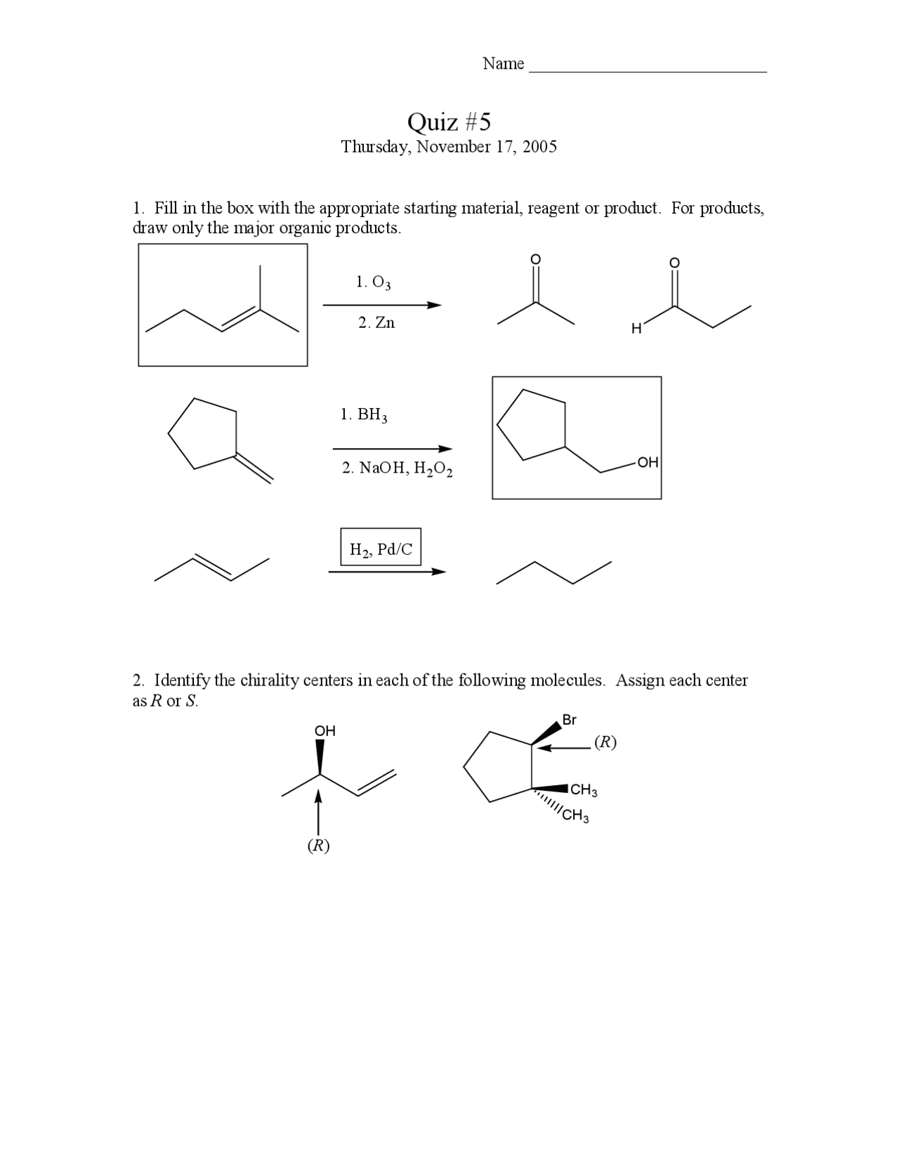 Quiz 5 Questions for Organic Chemistry | CHEM 237 - Docsity