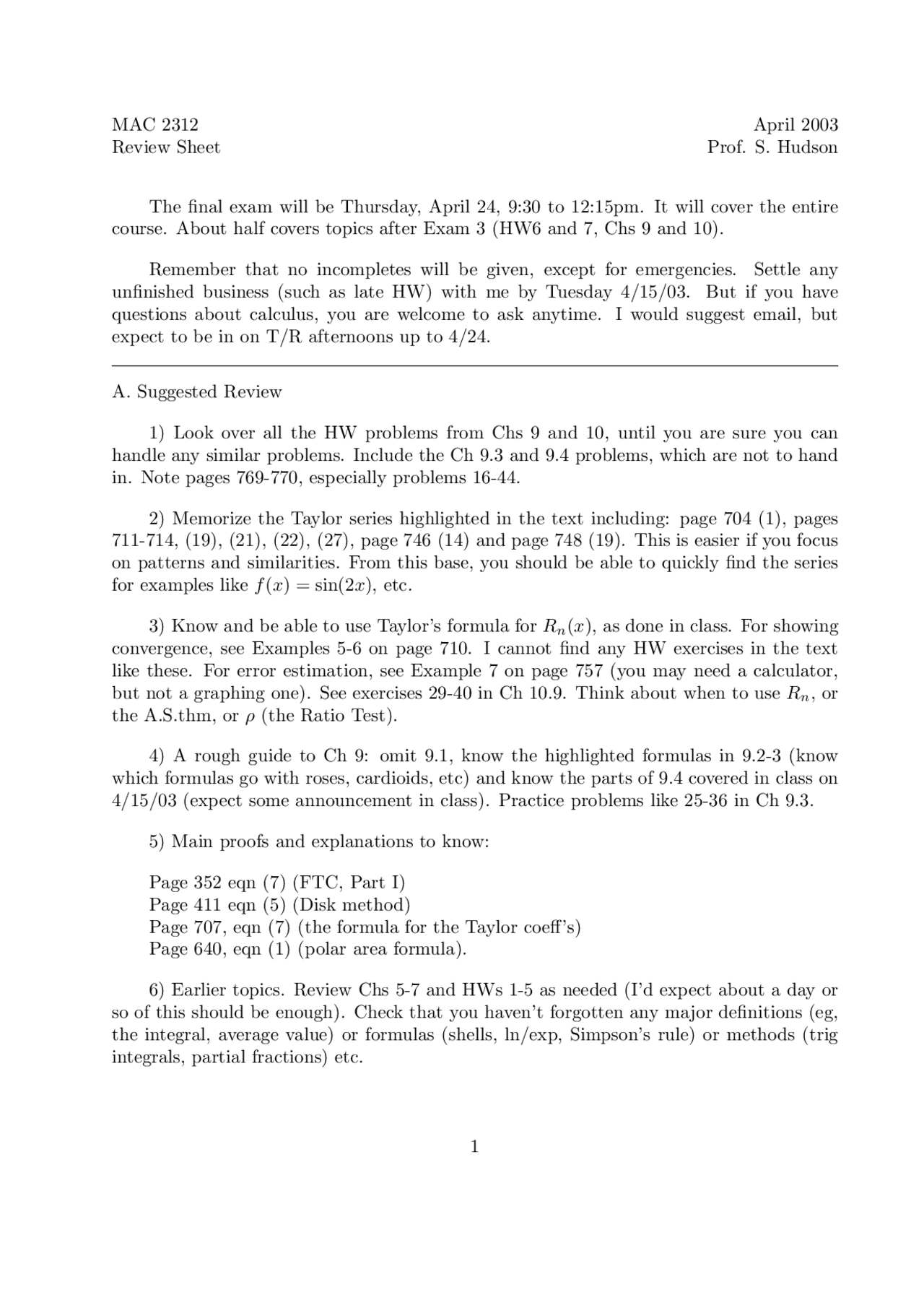 Practice Exam Review Sheet - Calculus II | MAC 2312 - Docsity