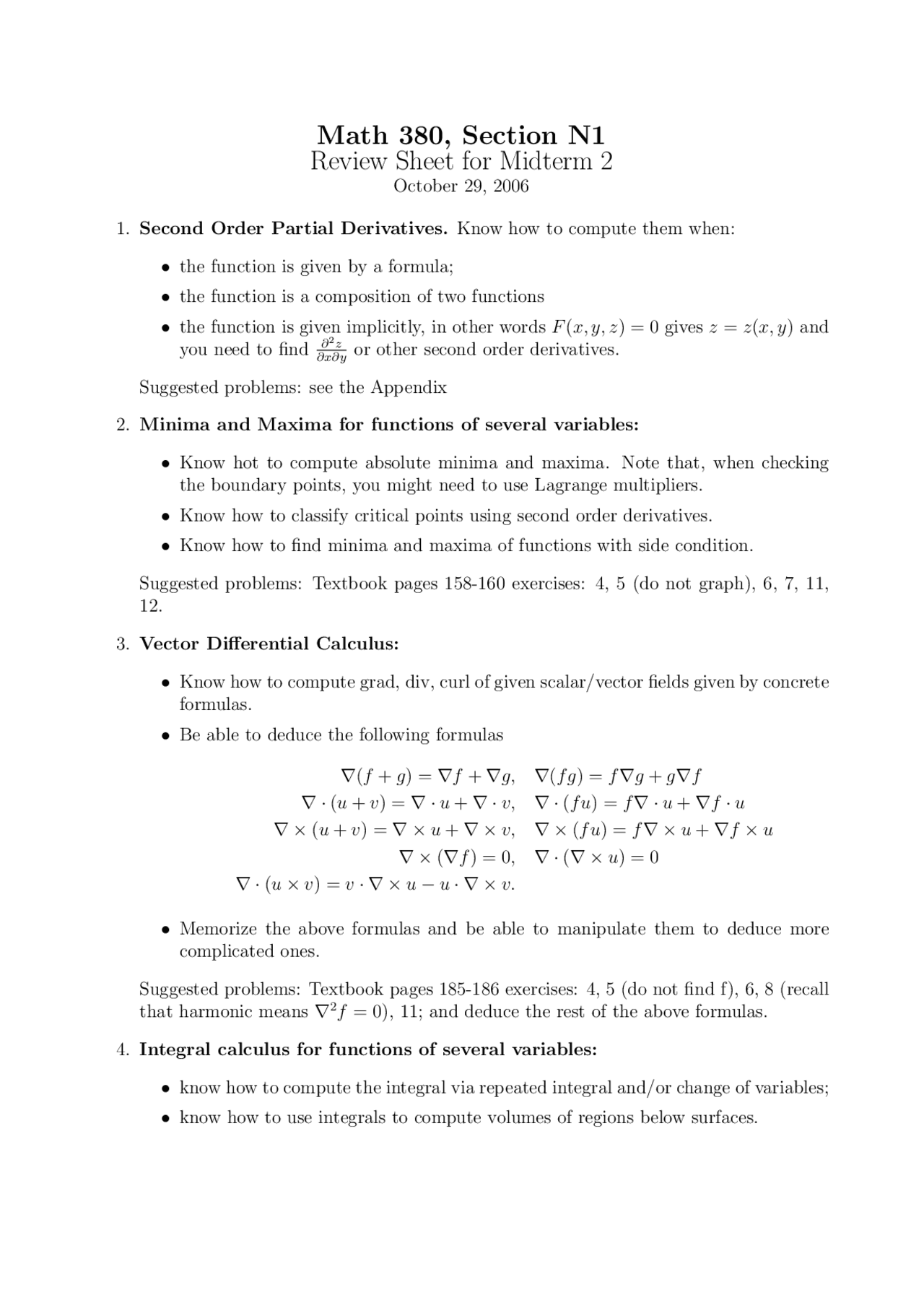 Advanced Calculus - Review Sheet for Midterm 2 - Fall 2006 | MATH 380 ...