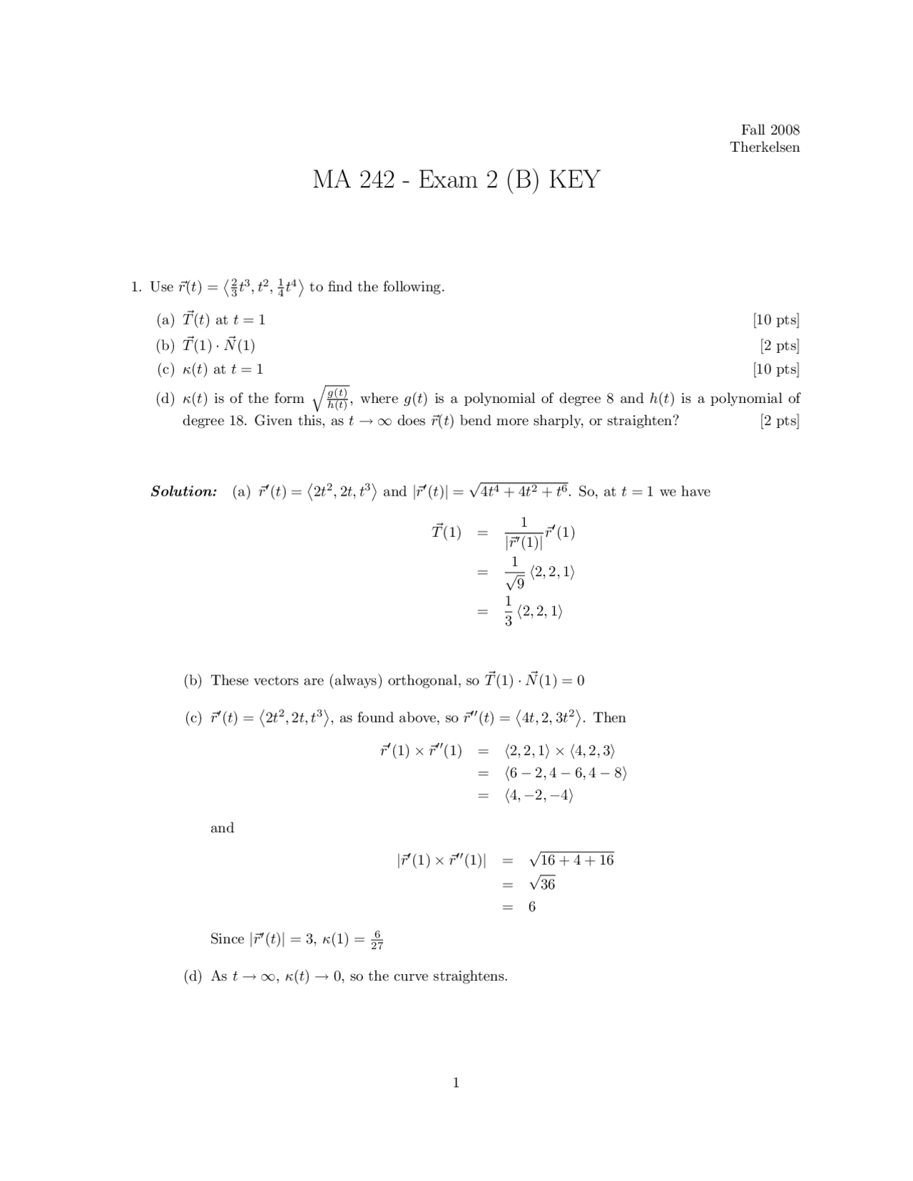 Exam 2 Answers Key Calculus Iii Ma 242 Docsity