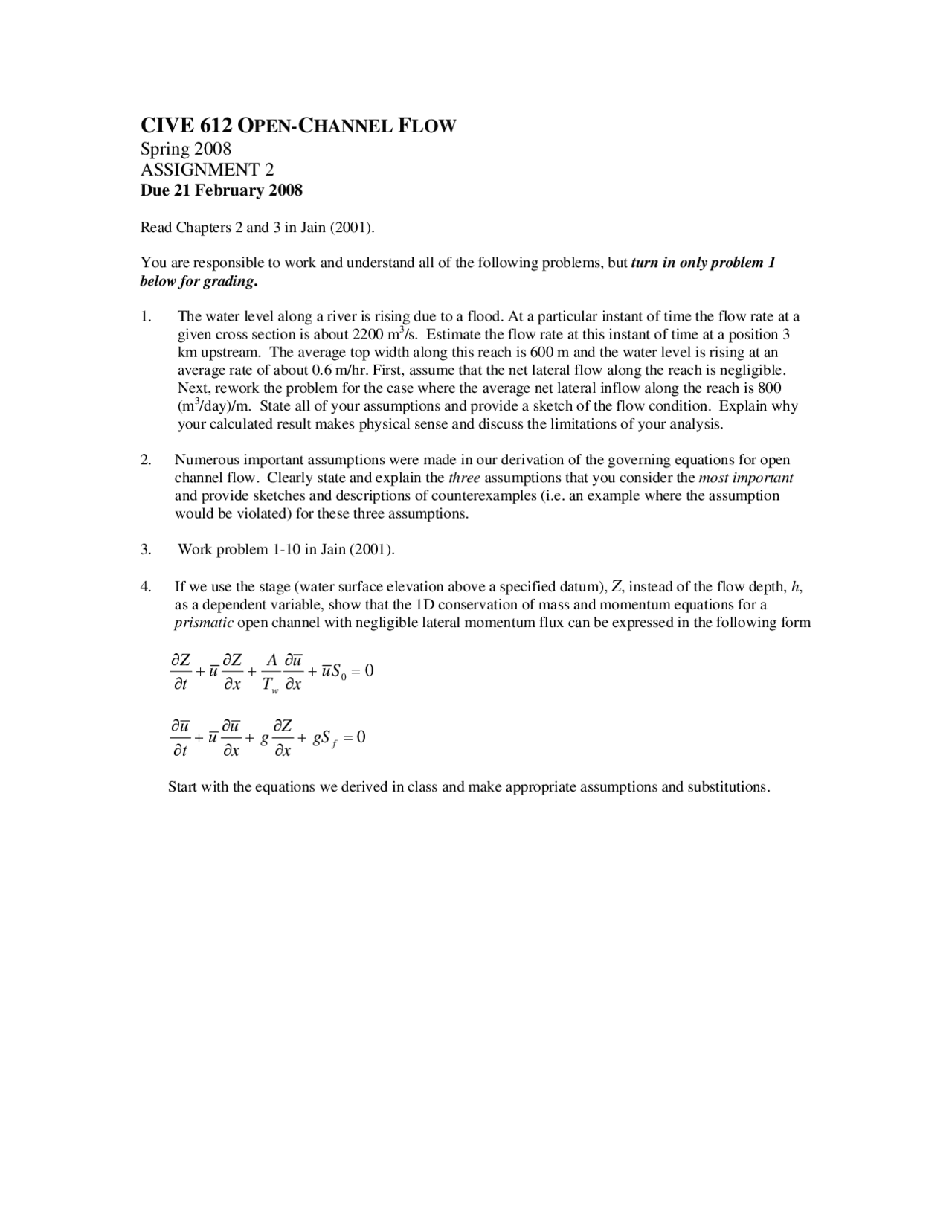 4 Questions on Channel Flow - Assignment 2 | CIVE 612 - Docsity