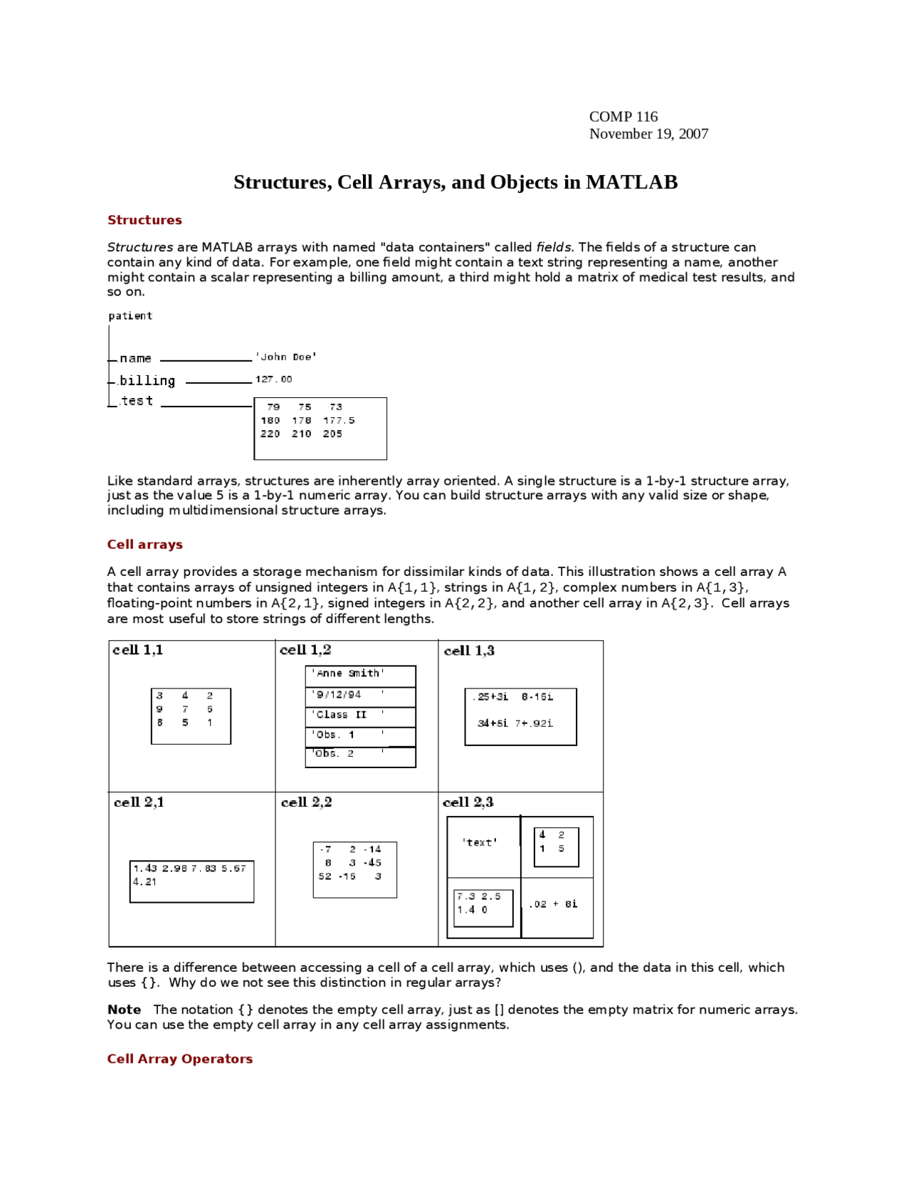 Structure, Cell Arrays and Objects in MATLAB - Study Guide | COMP 116 ... image.