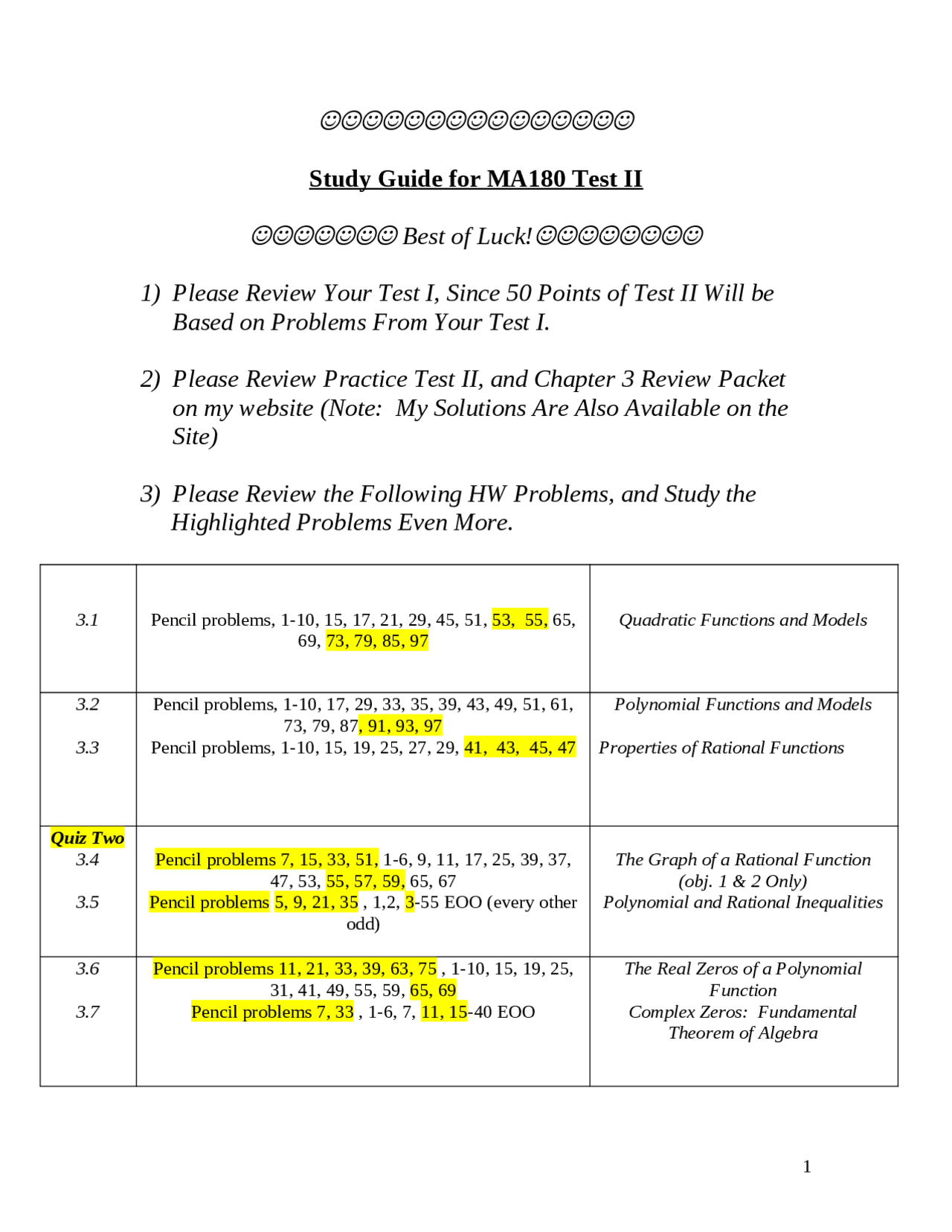 Quadratic Functions and Models - Test 2 | Precalculus | MA 180 | Study ...