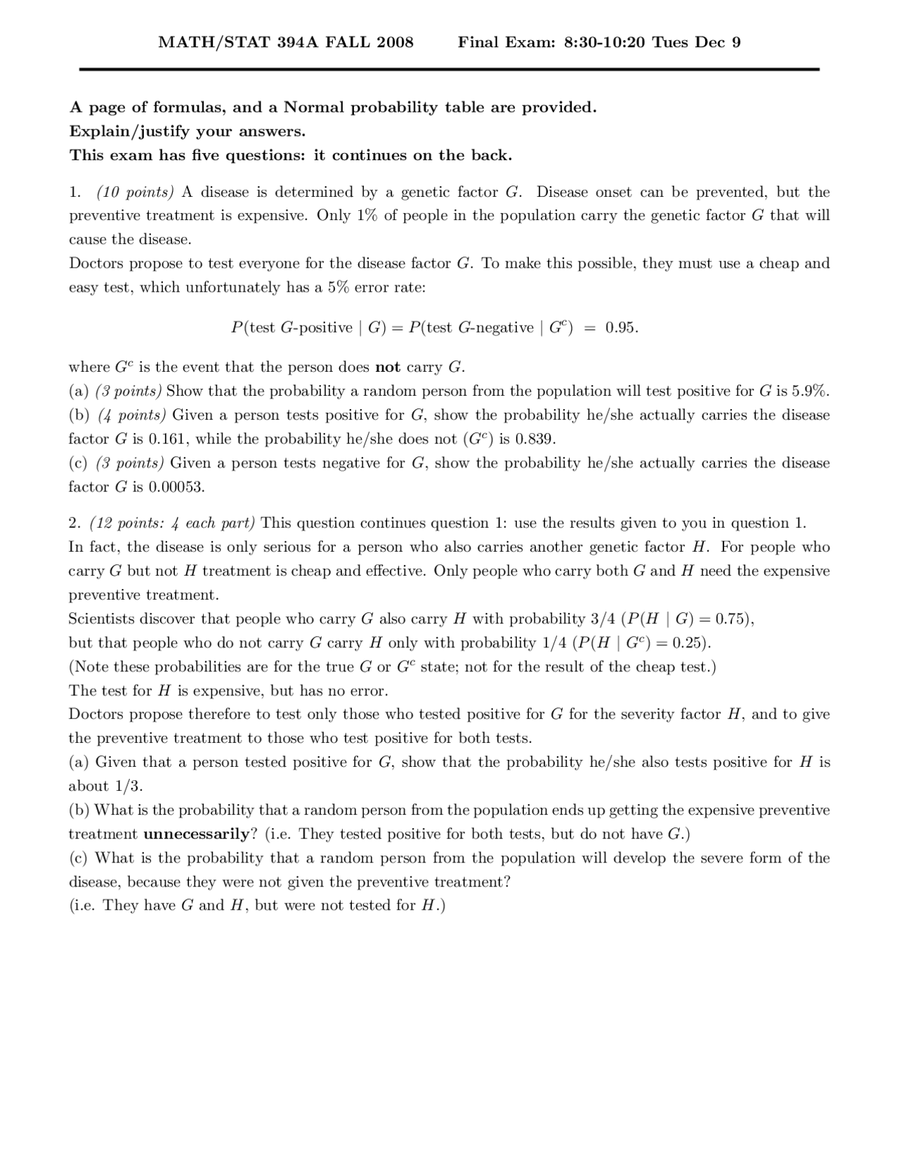 Final Exam Questions with Answers - Probability I | STAT 394 - Docsity
