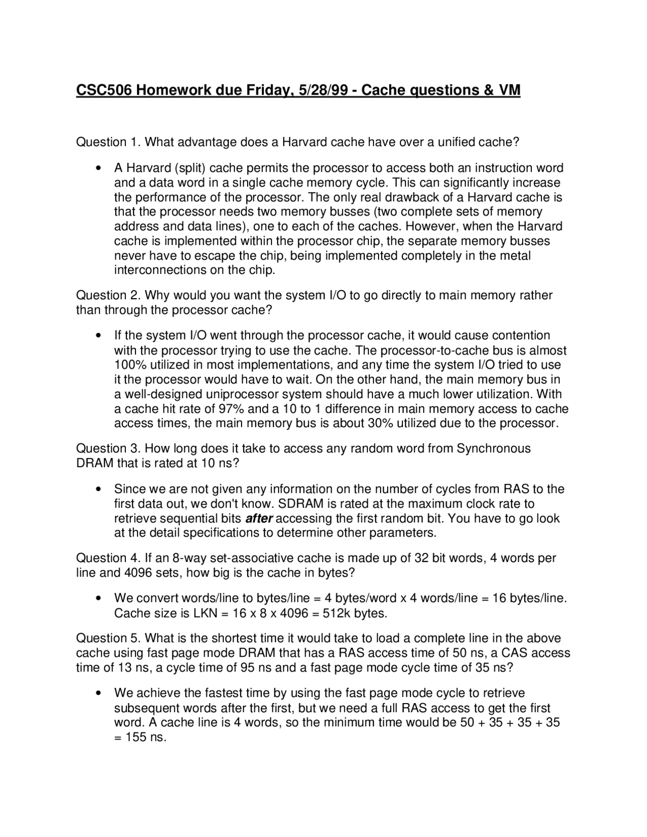 Homework: Cache Questions and VM | BUS 100 - Docsity
