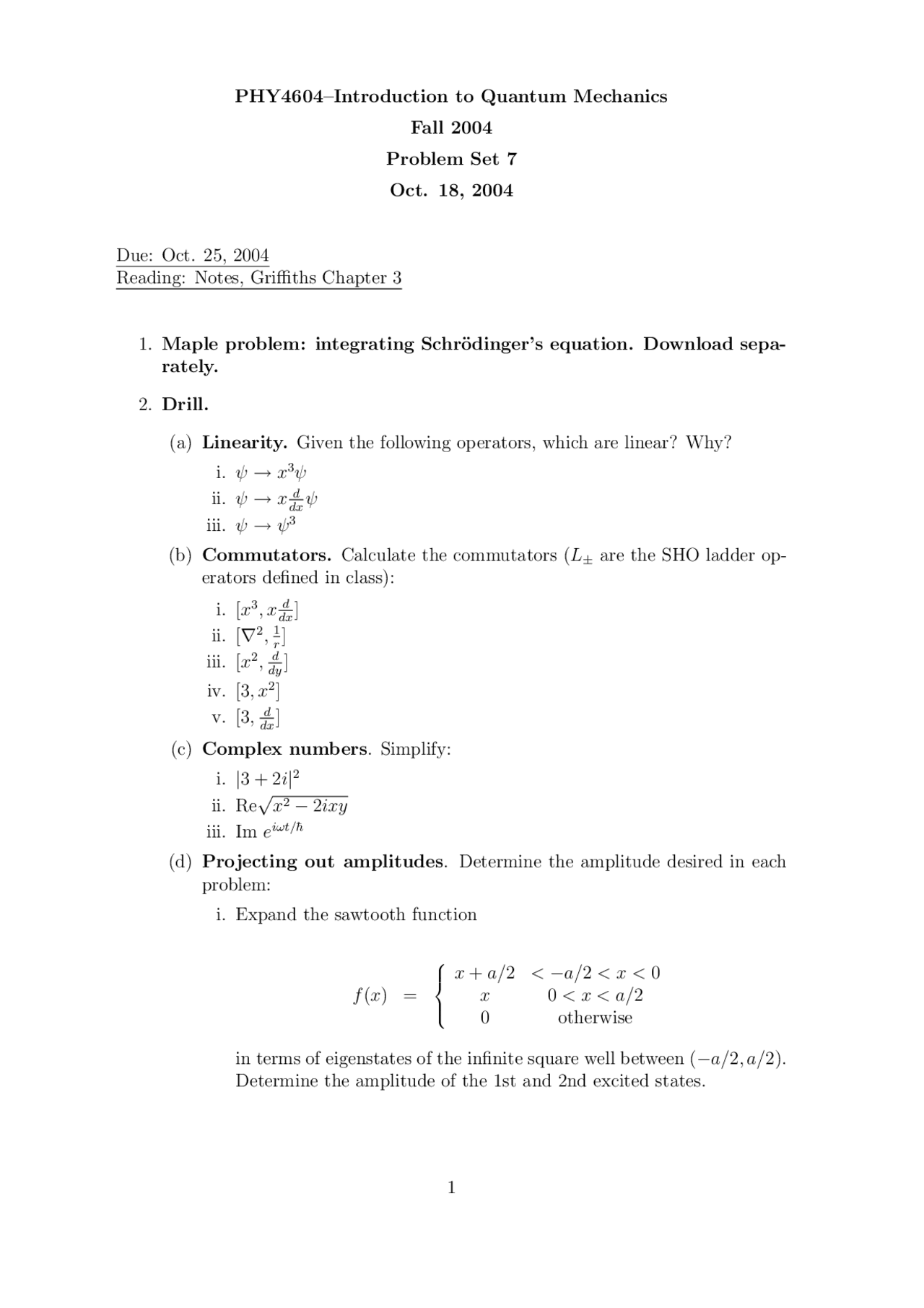 Problem Set 7 - Introduction to Quantum Mechanics I | PHY 4604 ...