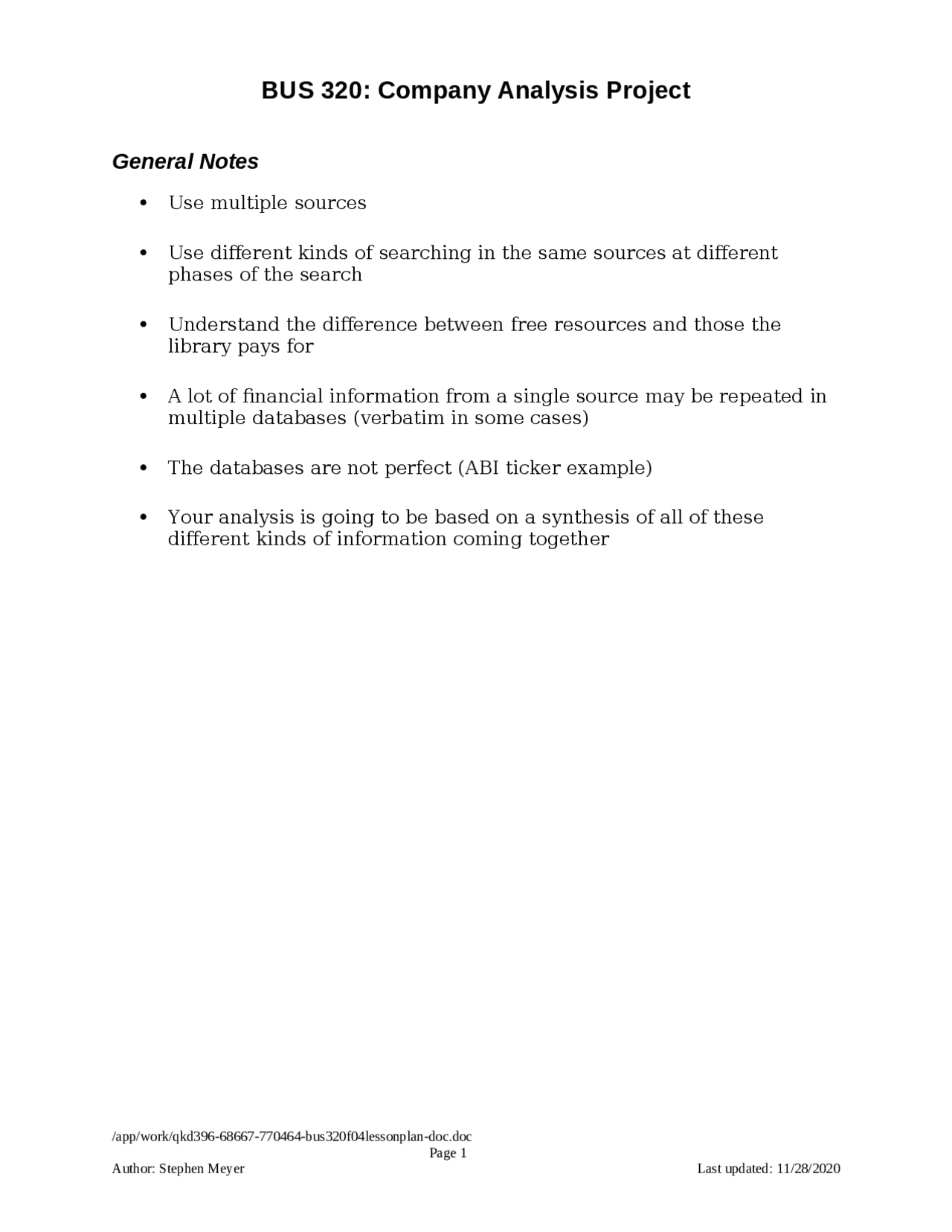 Company Analysis Project – General Notes | BUS 320 - Docsity