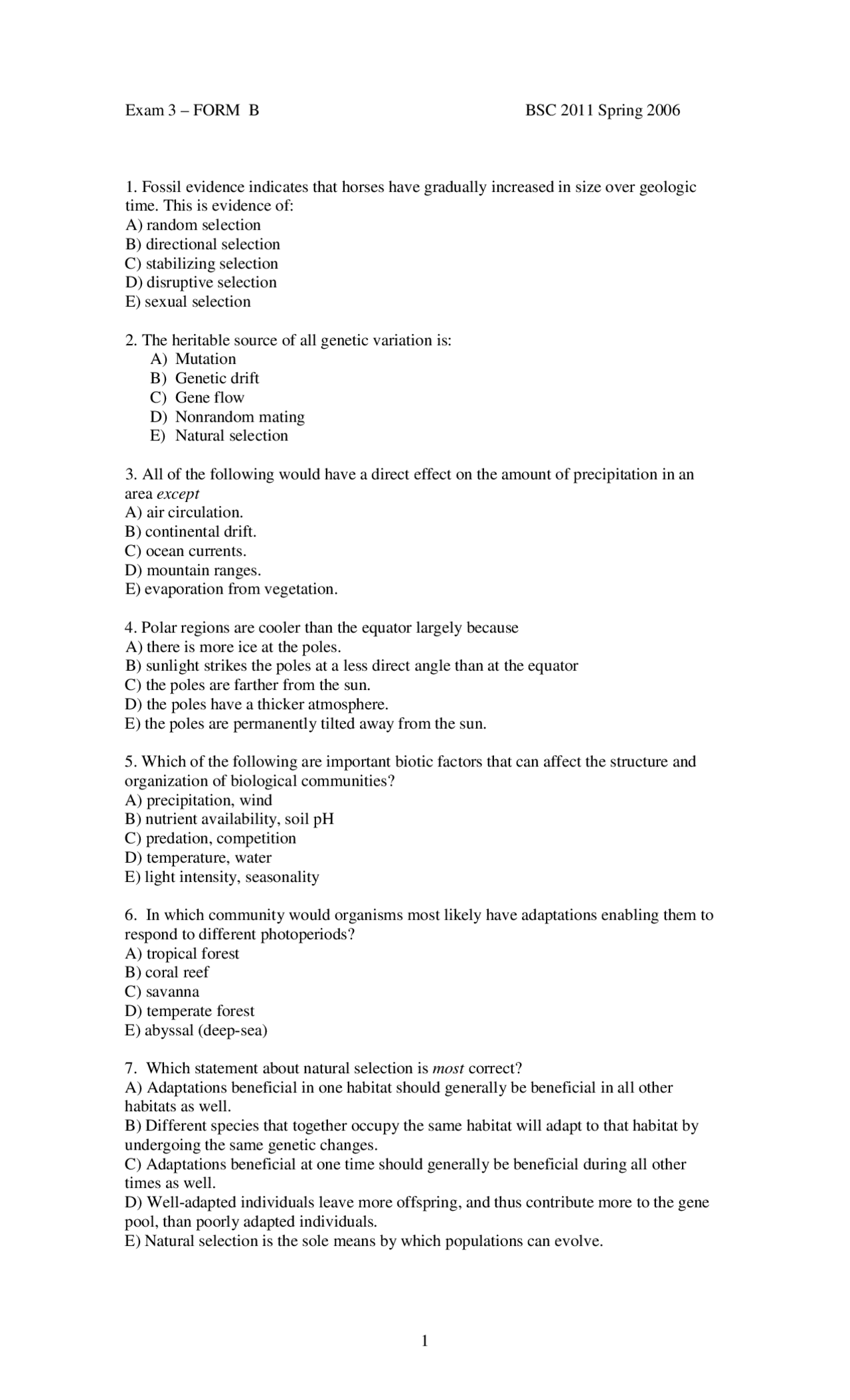 Exam 3 Form B Answers - Integrated Principles of Biology II | BSC 2011 ...