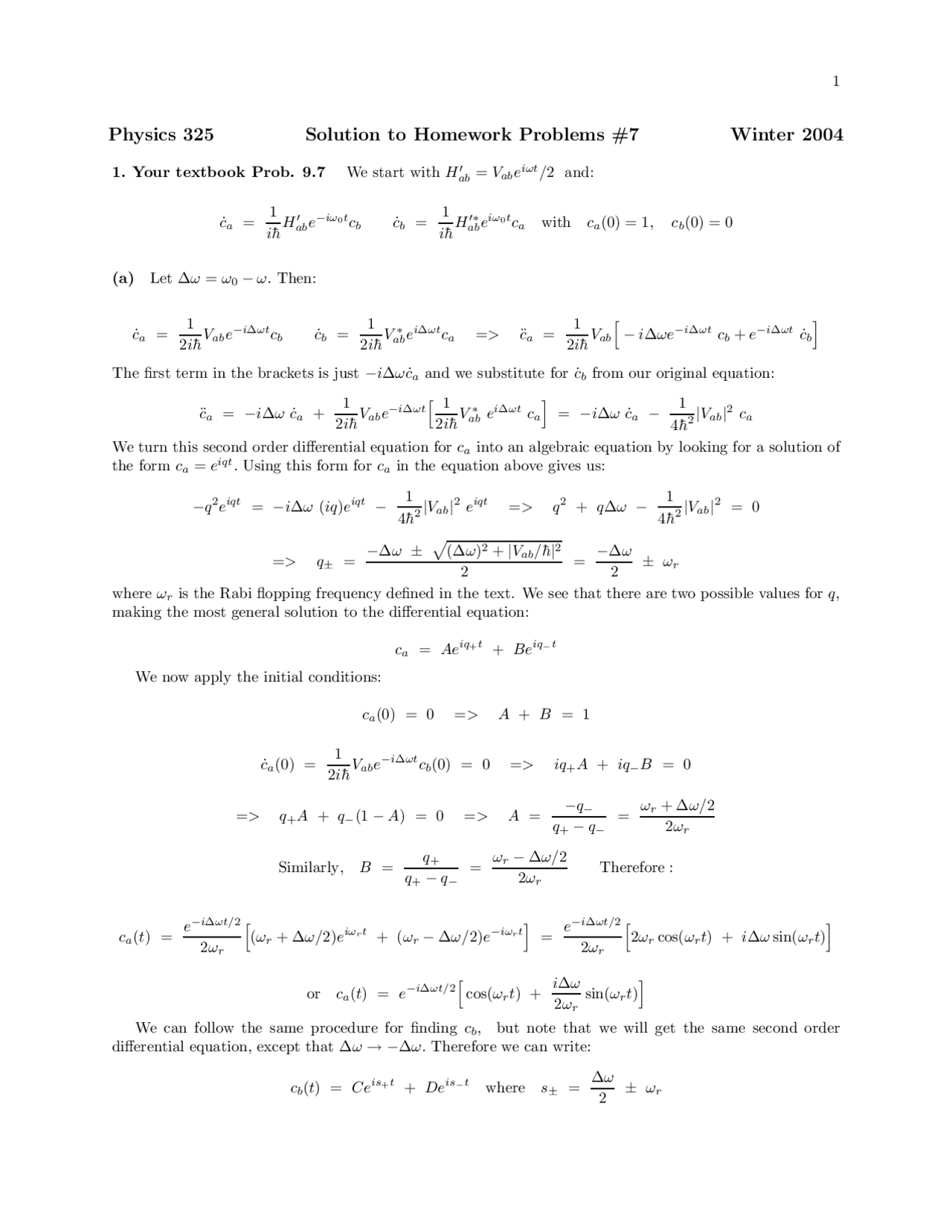 Quantum Physics Homework Example Solutions for Homework 7 - Quantum Mechanics | PHYS 325 - Docsity