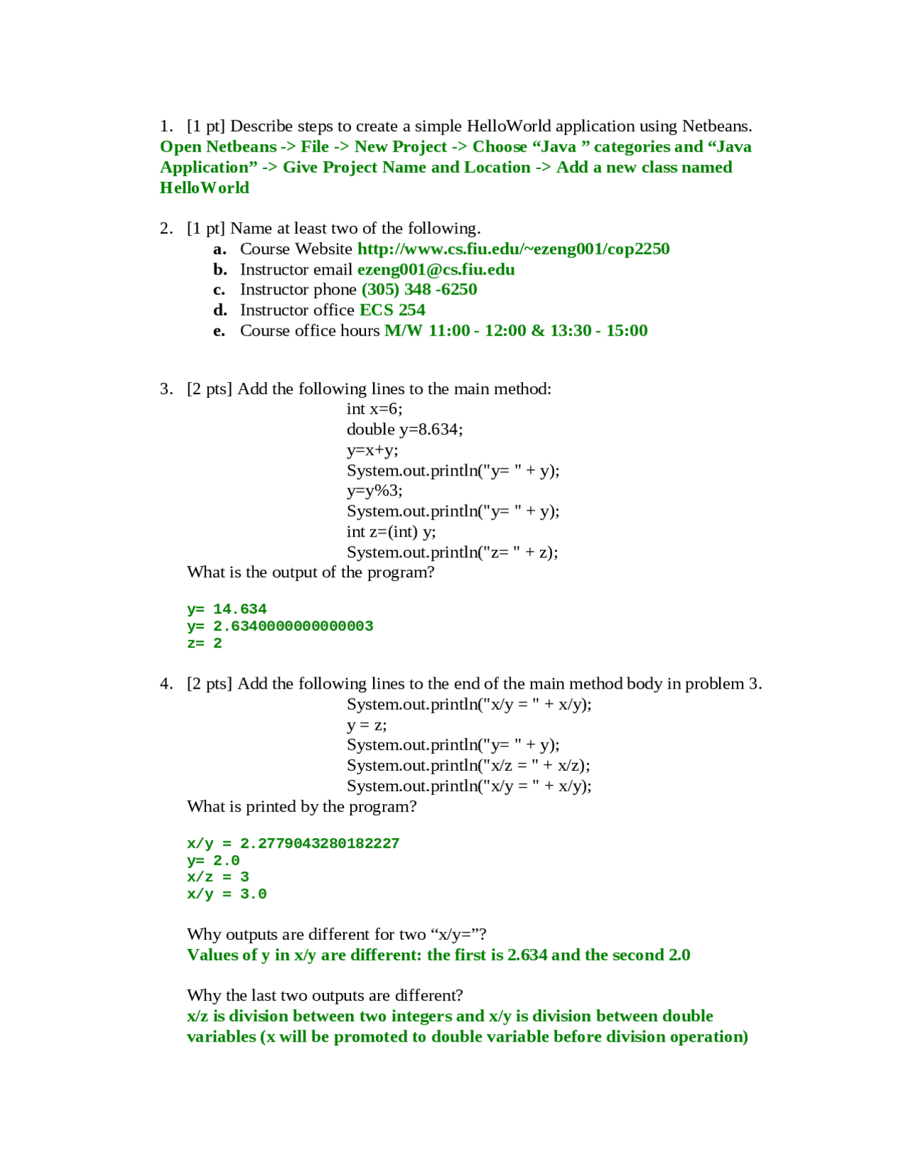 Quiz 1 with Solution - Java Programming | COP 2250 - Docsity