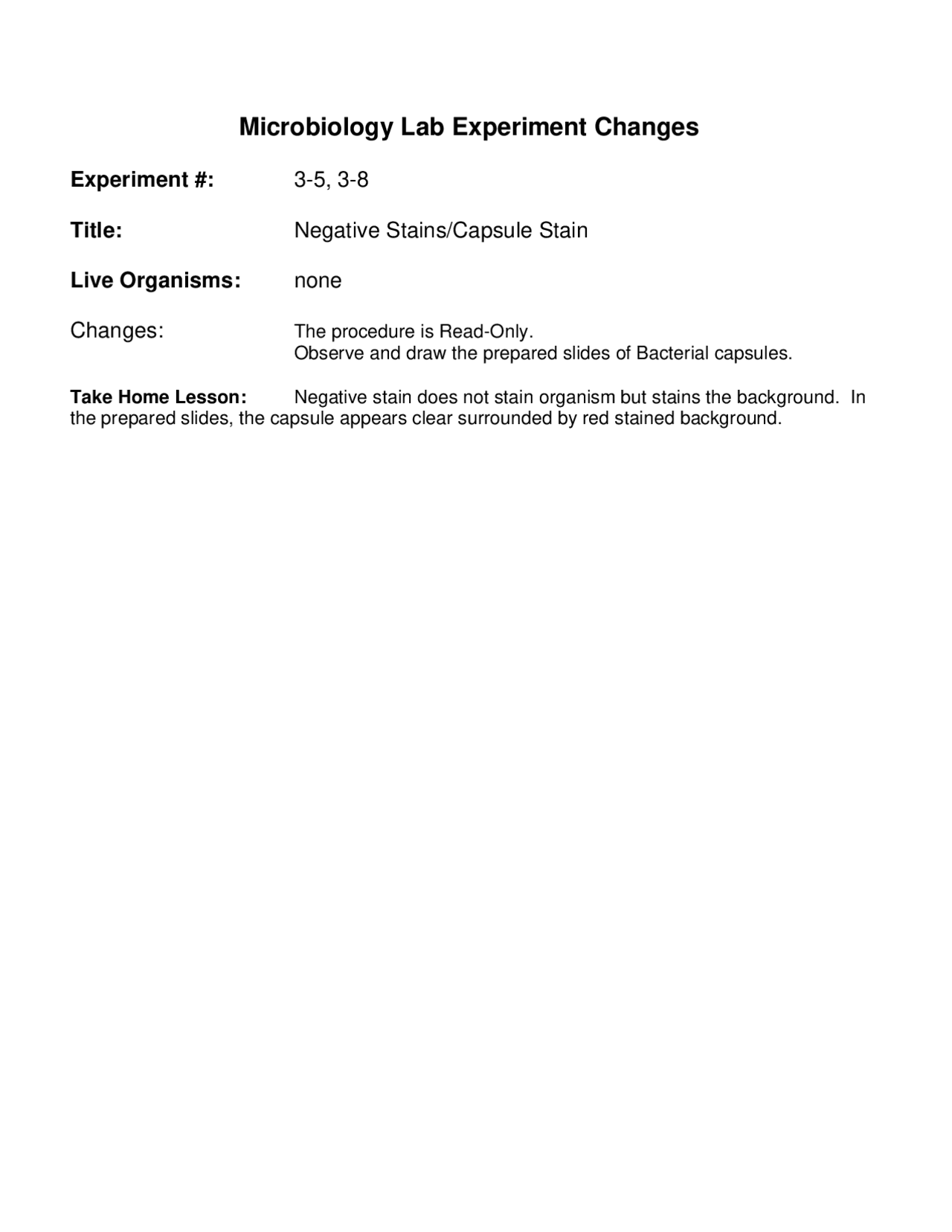 Negative Stains | Microbiology Lab Experiment Changes | BI 203 - Docsity