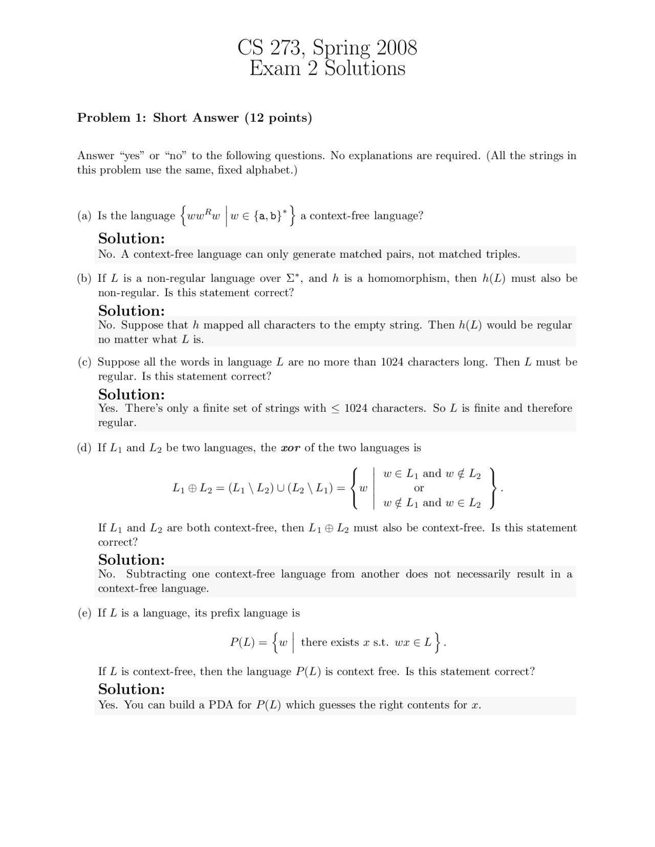 Cs Exam Math Question Exam 2 Solutions - Theory of Computation | CS 373 - Docsity