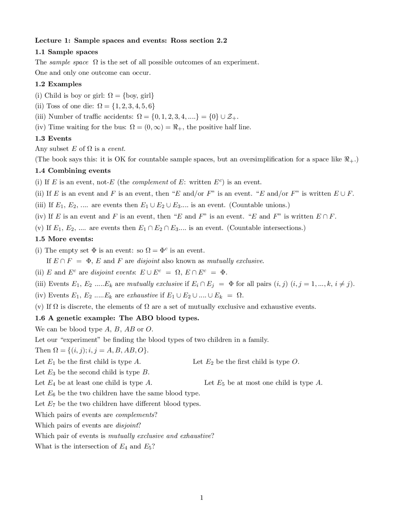 Sample Space and Events - Probability I | STAT 394 - Docsity