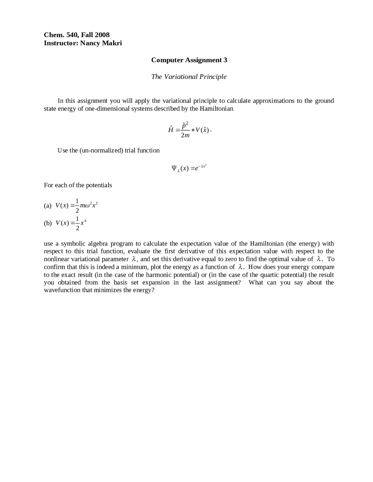 Computer Assignment 3 - Quantum Mechanics | CHEM 540 - Docsity