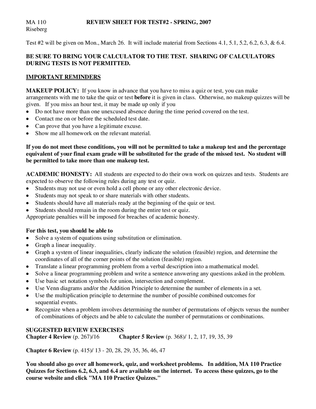 Review Sheet for Test 2 - Survey of College Mathematics | MA 110 - Docsity