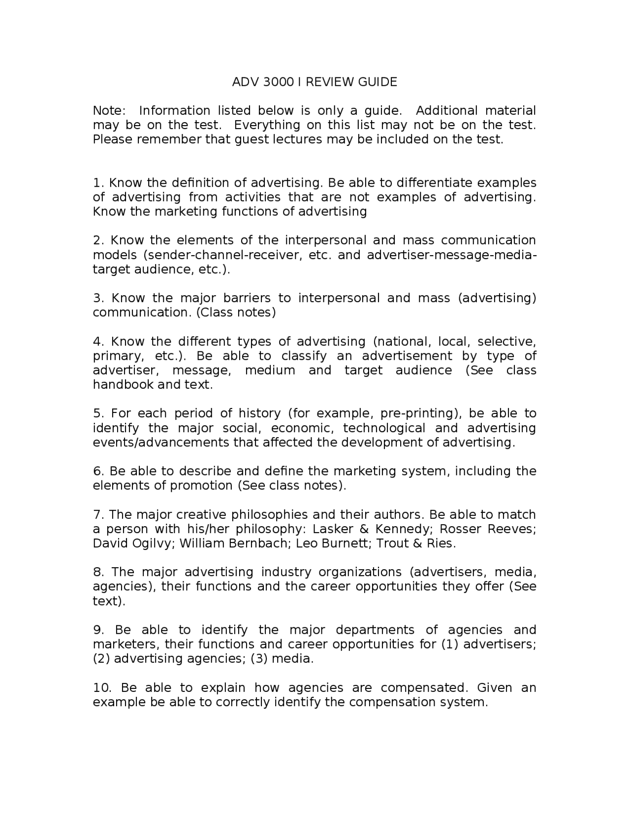Review Guide for Exam - Elements of Advertising | ADV 3000 - Docsity