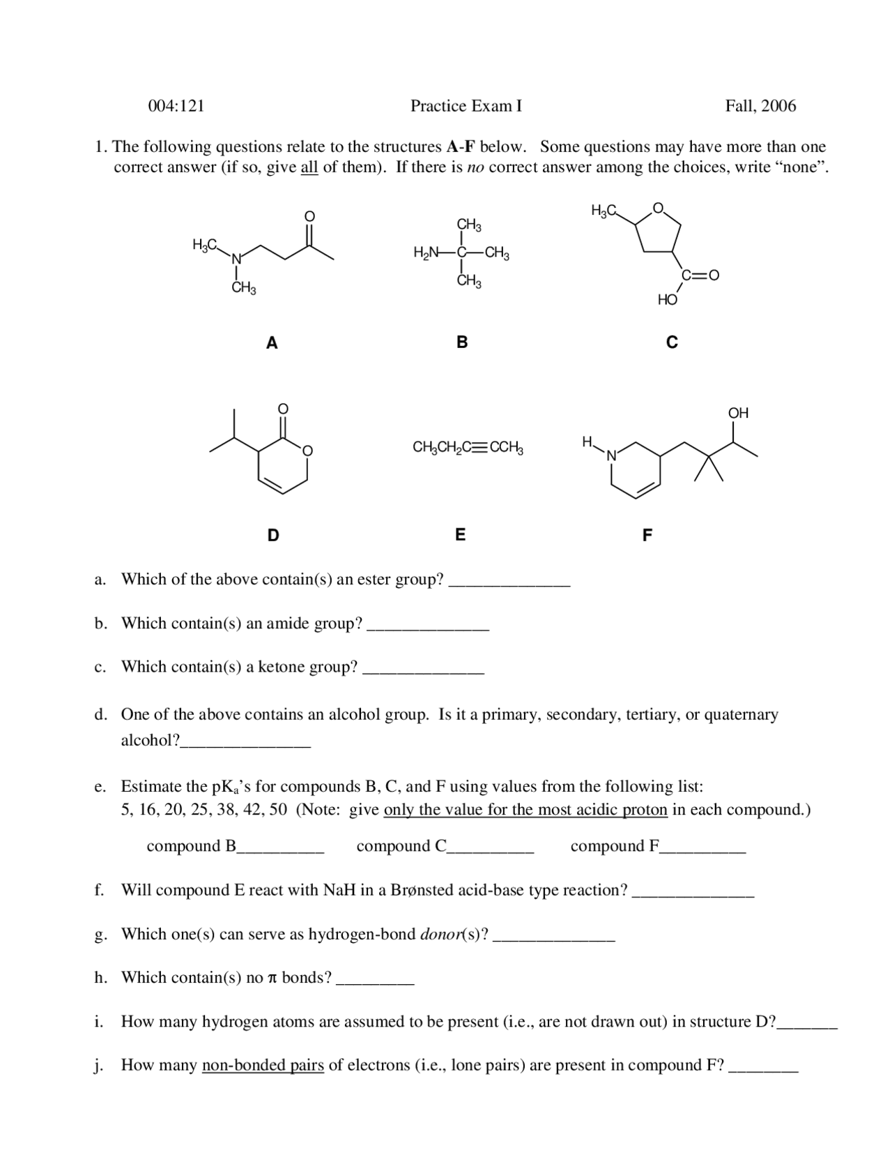 Practice Exam 1 Questions Organic Chemistry I 004 121 Docsity