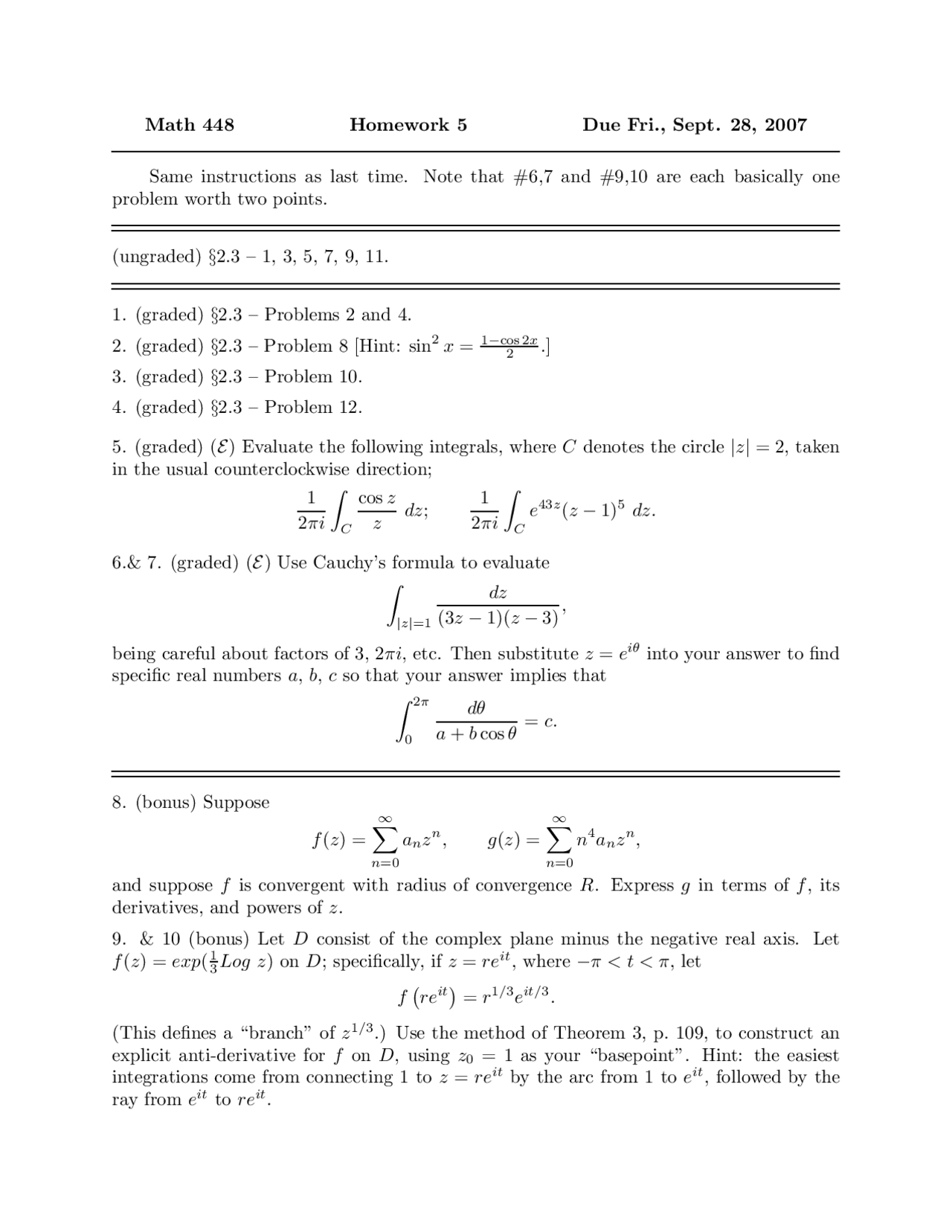 10 Problems on the Complex Variables - Assignment 5 | MATH 448 - Docsity