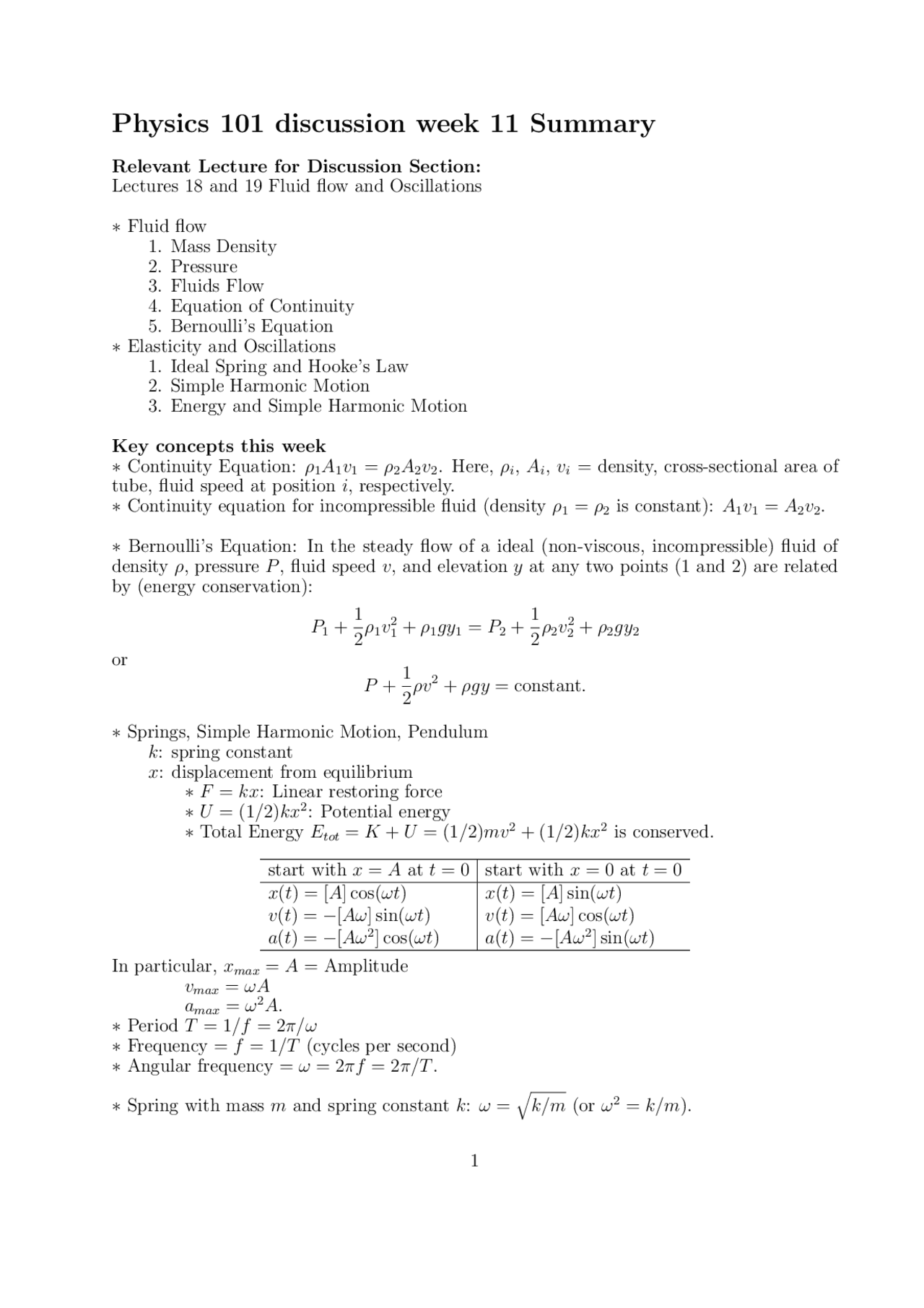 Lecture Notes for Fluid Flow and Oscillations | PHYS 101 - Docsity