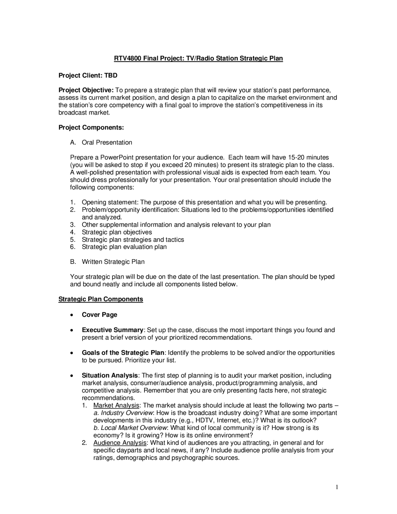 Final Project: TV/Radio Station Strategic Plan | RTV 4800 - Docsity