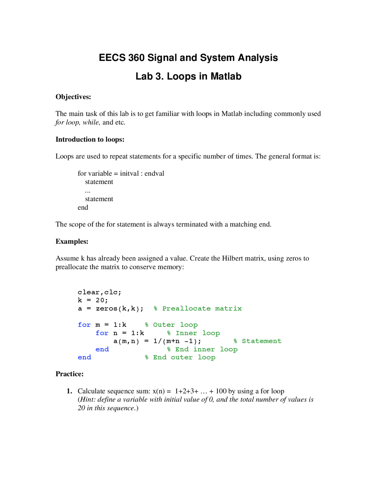 Loops in MATLAB - Lab 3 | Signal and System Analysis | EECS 360 - Docsity