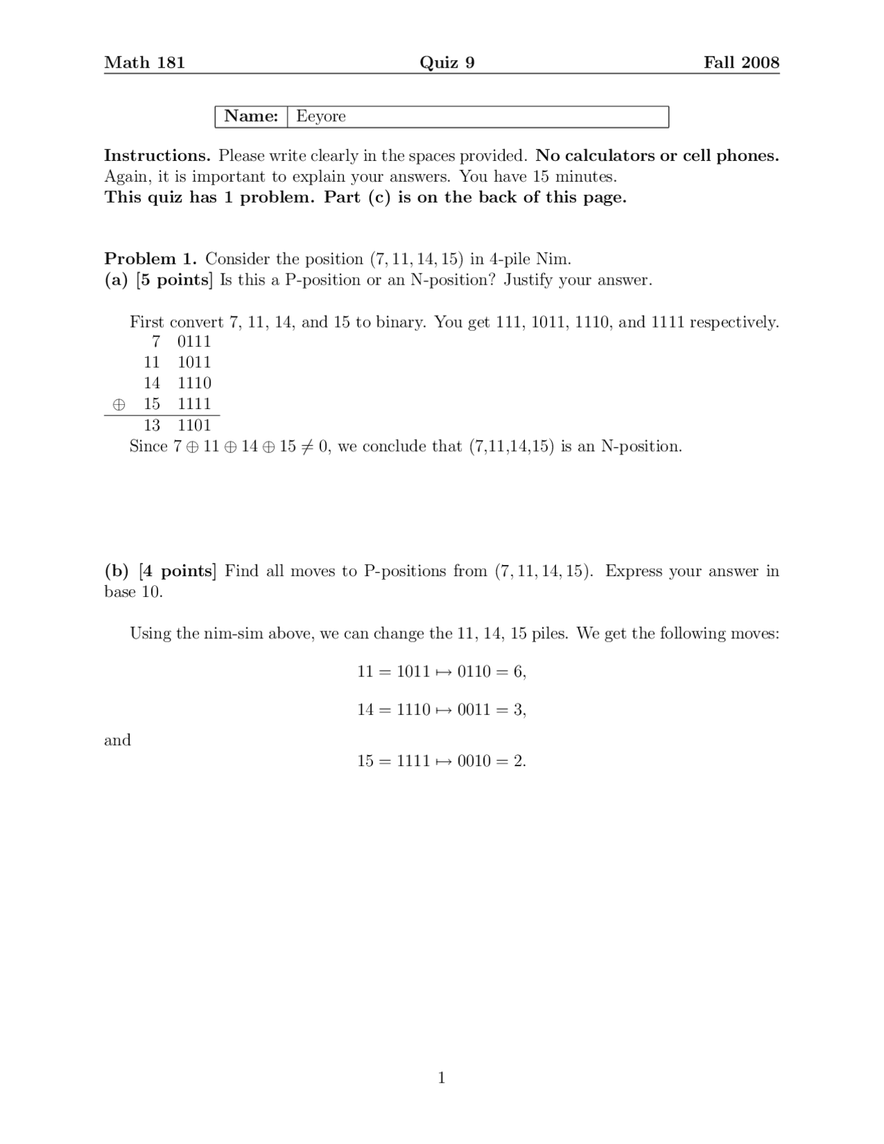 Solved Quiz 9 for A Mathematical World - Fall 2008 | MATH 181 | Quizzes ...