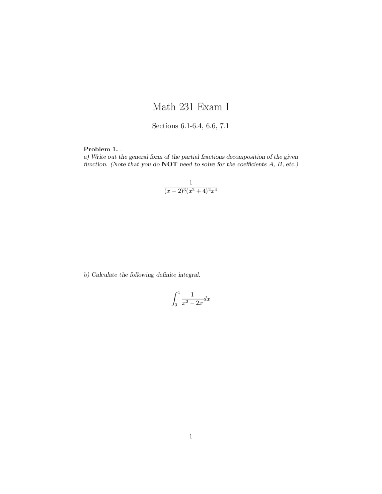 Problems in Exam 1 - Calculus II | MATH 231 - Docsity