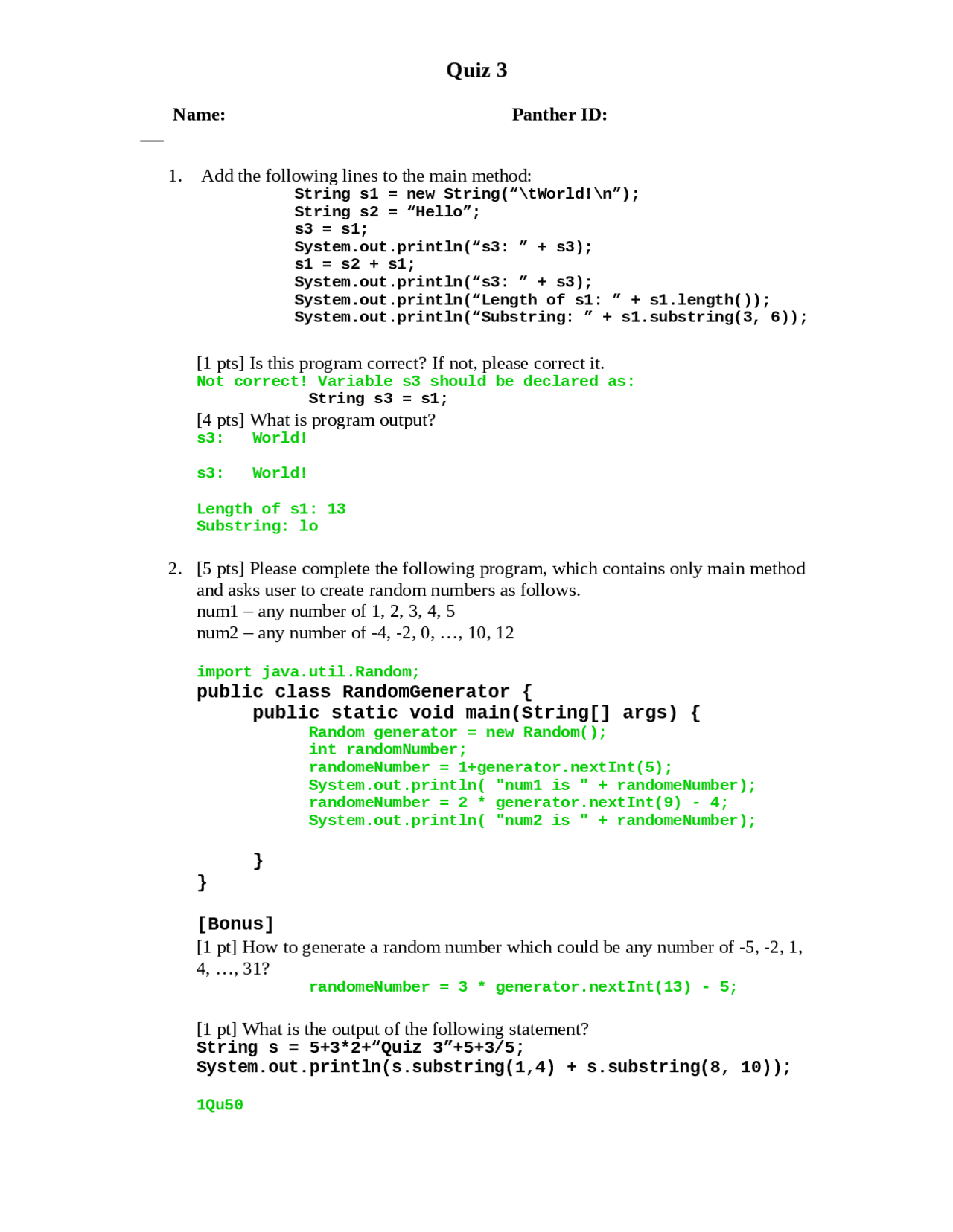 Quiz 3 with Solution - Java Programming | COP 2250 - Docsity