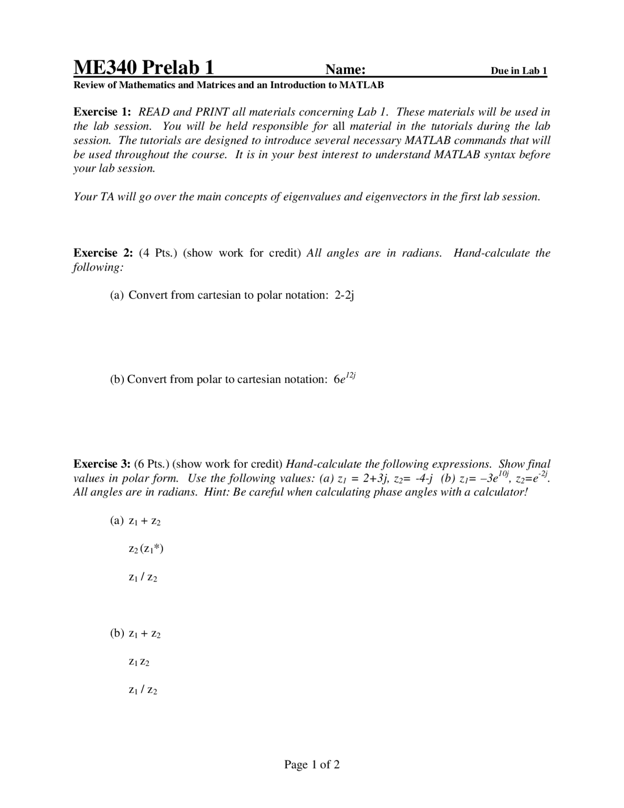 Review of Mathematics and Matrices - Laboratory Review | ME 340 - Docsity