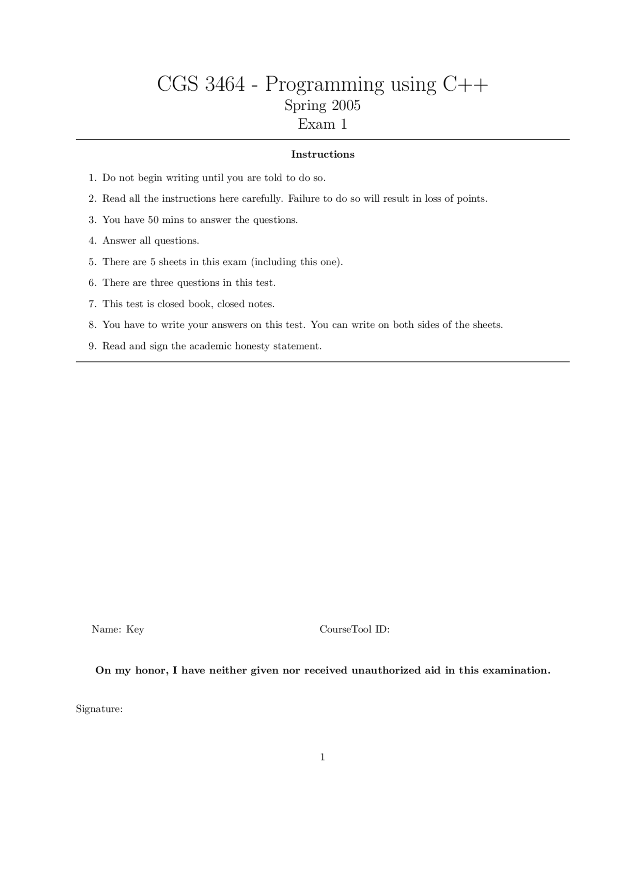 Exam 1 with Solutions for Programming C++ | CGS 3464 - Docsity