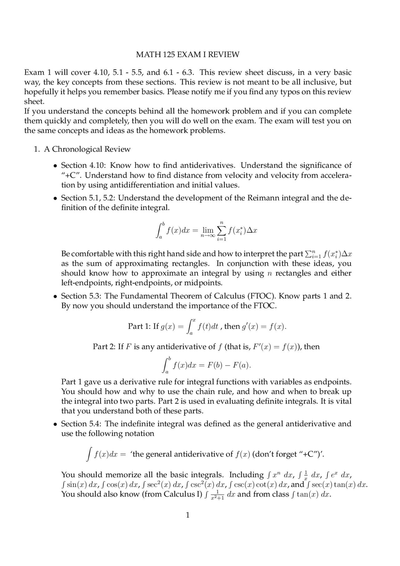 MATH 125 Exam 1 Review: Key Concepts for Sections 4.10, 5.1-5.5, and 6. ...