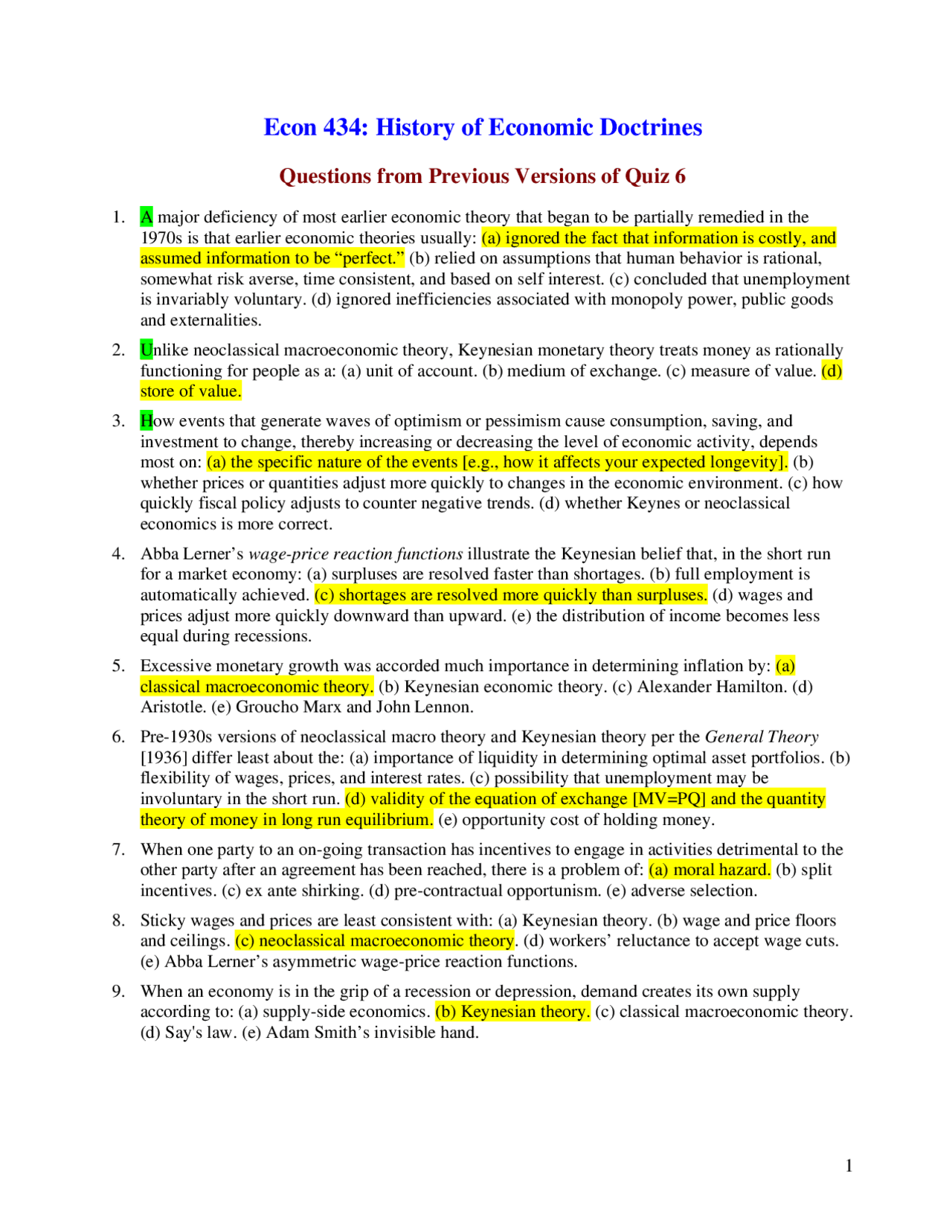 Solved Quiz 6 - History of Economic Doctrines | ECON 434 - Docsity