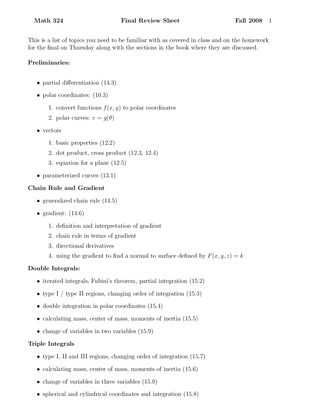Final Review Sheet - Advanced Multivariable Calculus 1 | MATH 324 - Docsity