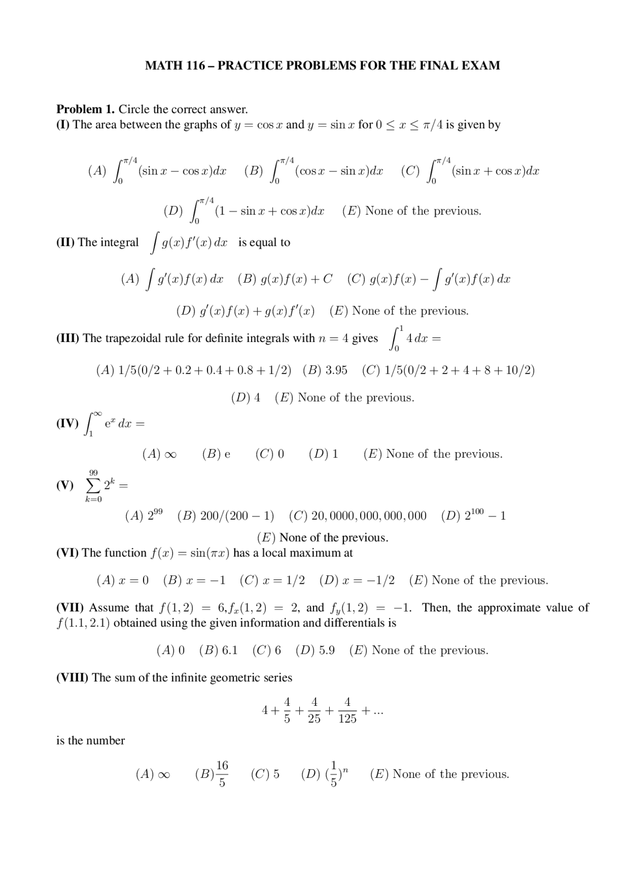 Calculus II - Final Exam Practice Problems | MATH 116 - Docsity