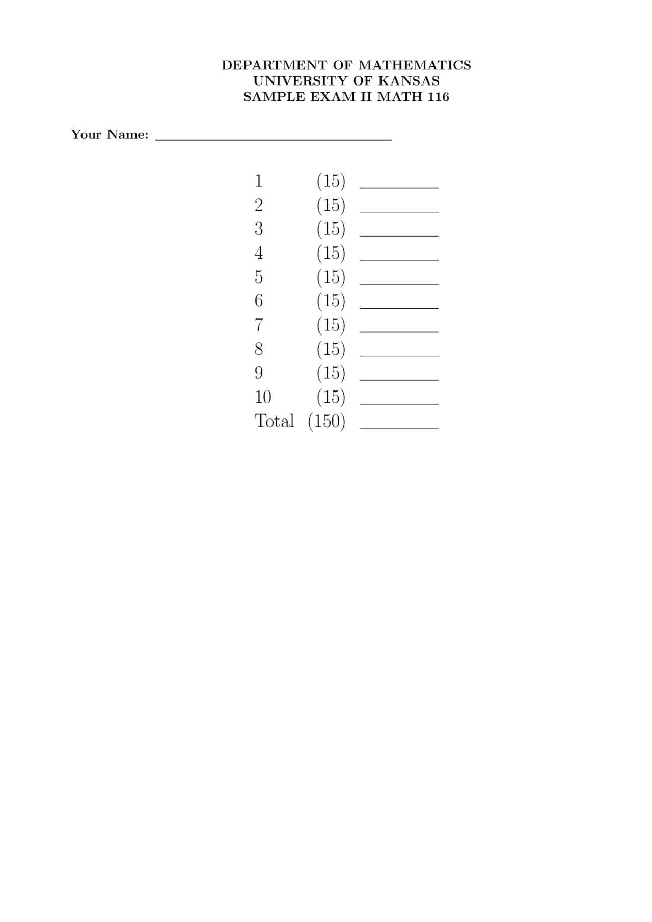 Practice Sample Exam for Calculus II | MATH 116 - Docsity