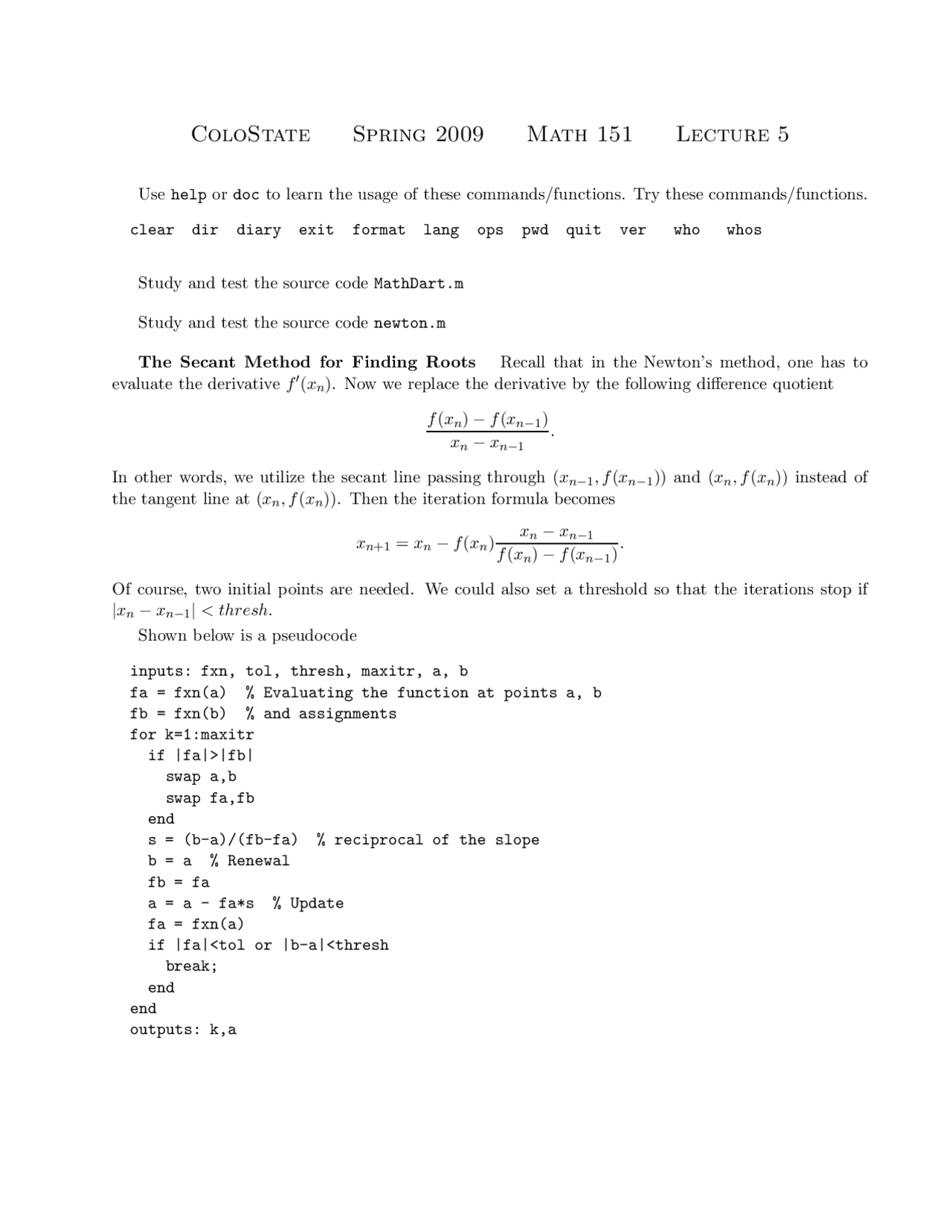 Mathematical Algorithms in Matlab I - Lecture 5 | MATH 151 - Docsity