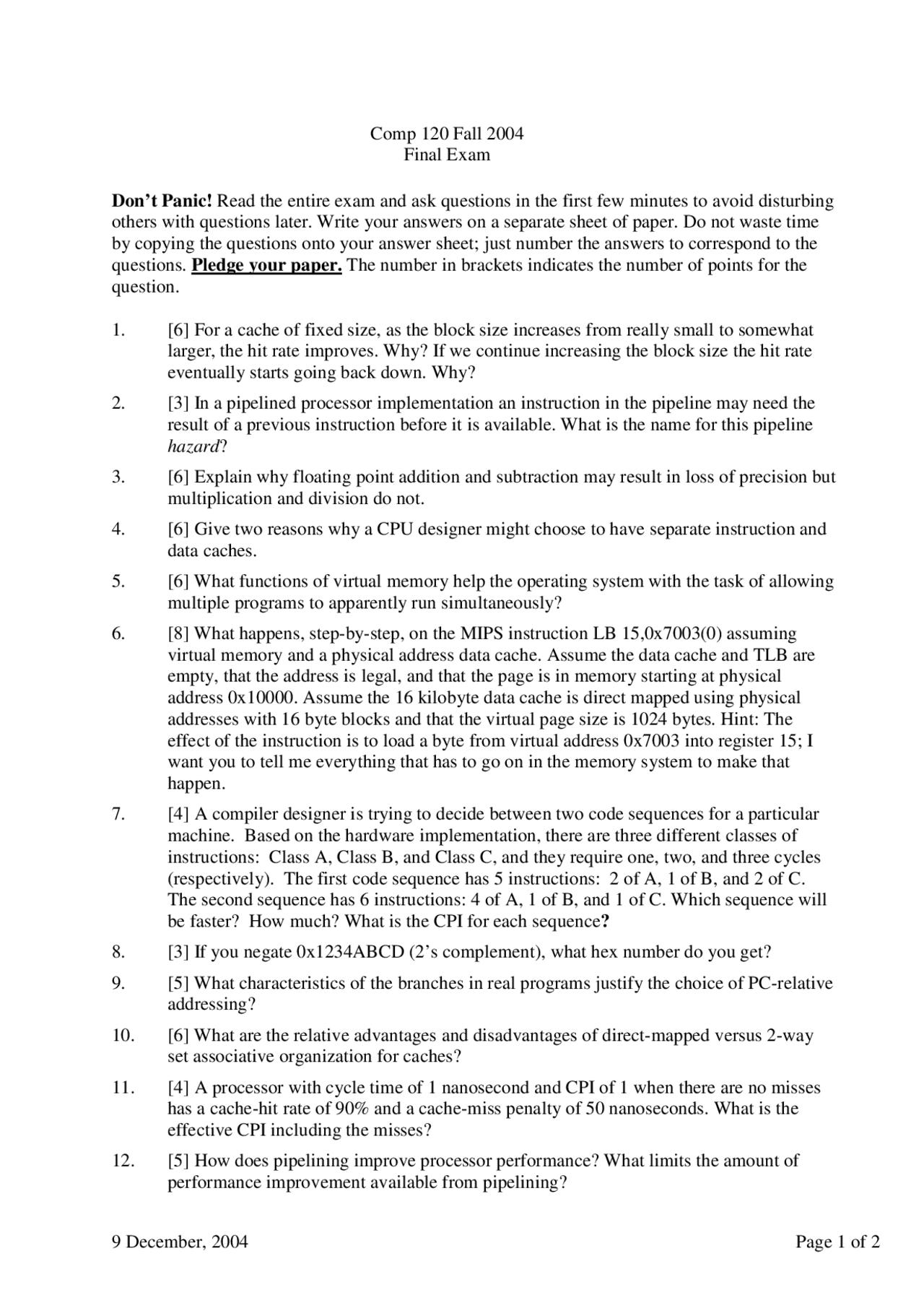 Final Exam with 25 Questions - Computer Organization | COMP 411 | Exams ...