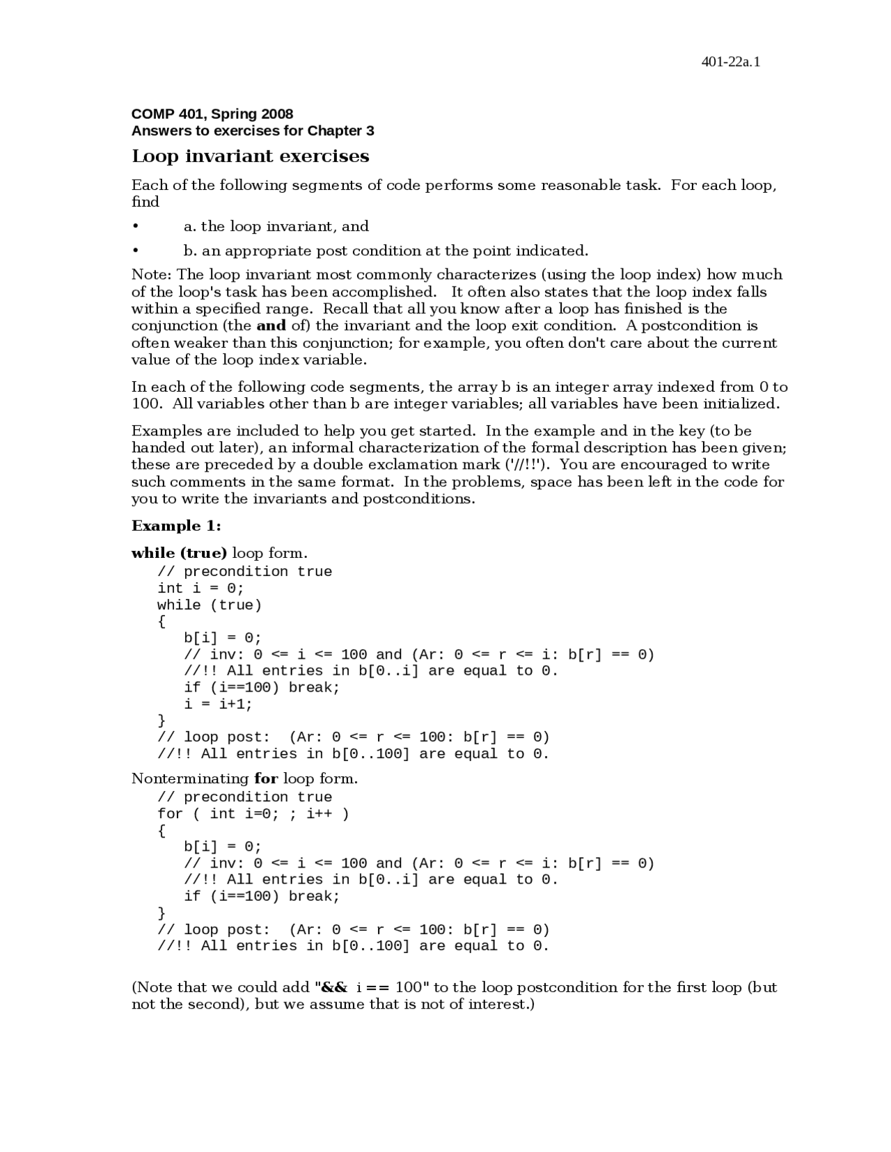 Loop Invariant Exercises for COMP 401, Spring 2008 - Prof. S. F. Weiss ...