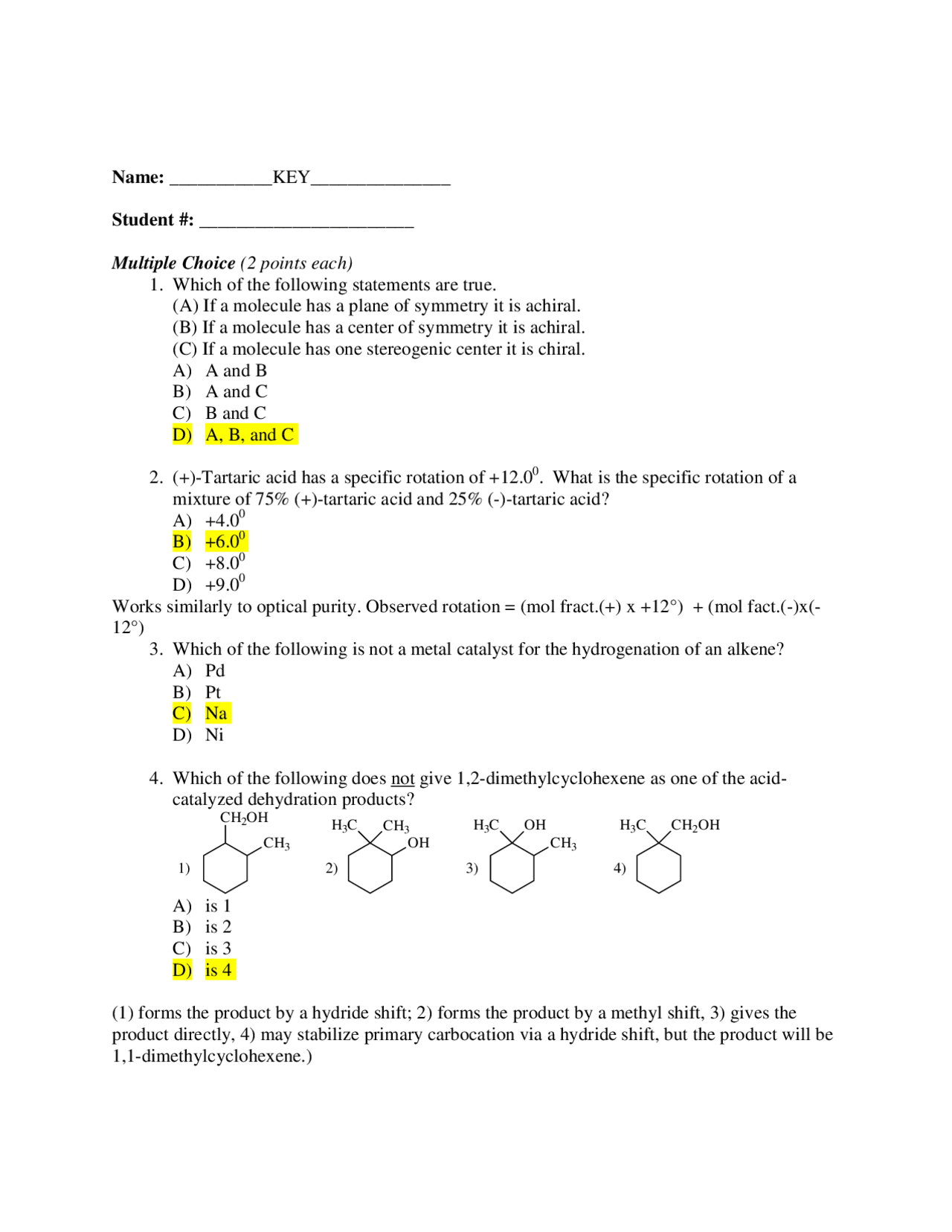 Exam 1 with Answers for Honors Organic Chemistry | CHEM 335 - Docsity
