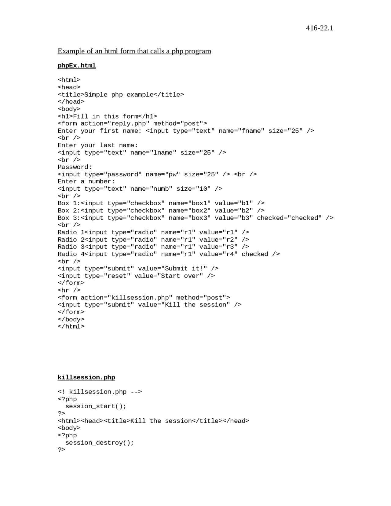 Example of an HTML Form That Calls a PHP Program - Study Guide | COMP 416 |  Study notes Computer Science | Docsity