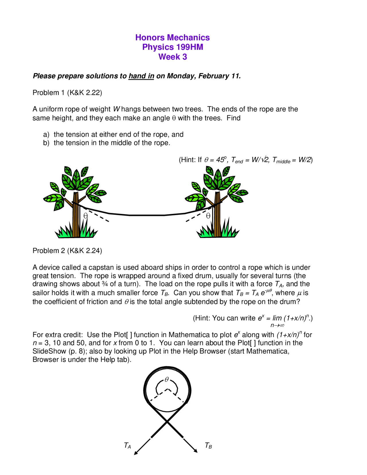 The Hanging Rope Problem Week 3 Honors Mechanics Problems: Tension in a Hanging Rope and Capstan ...