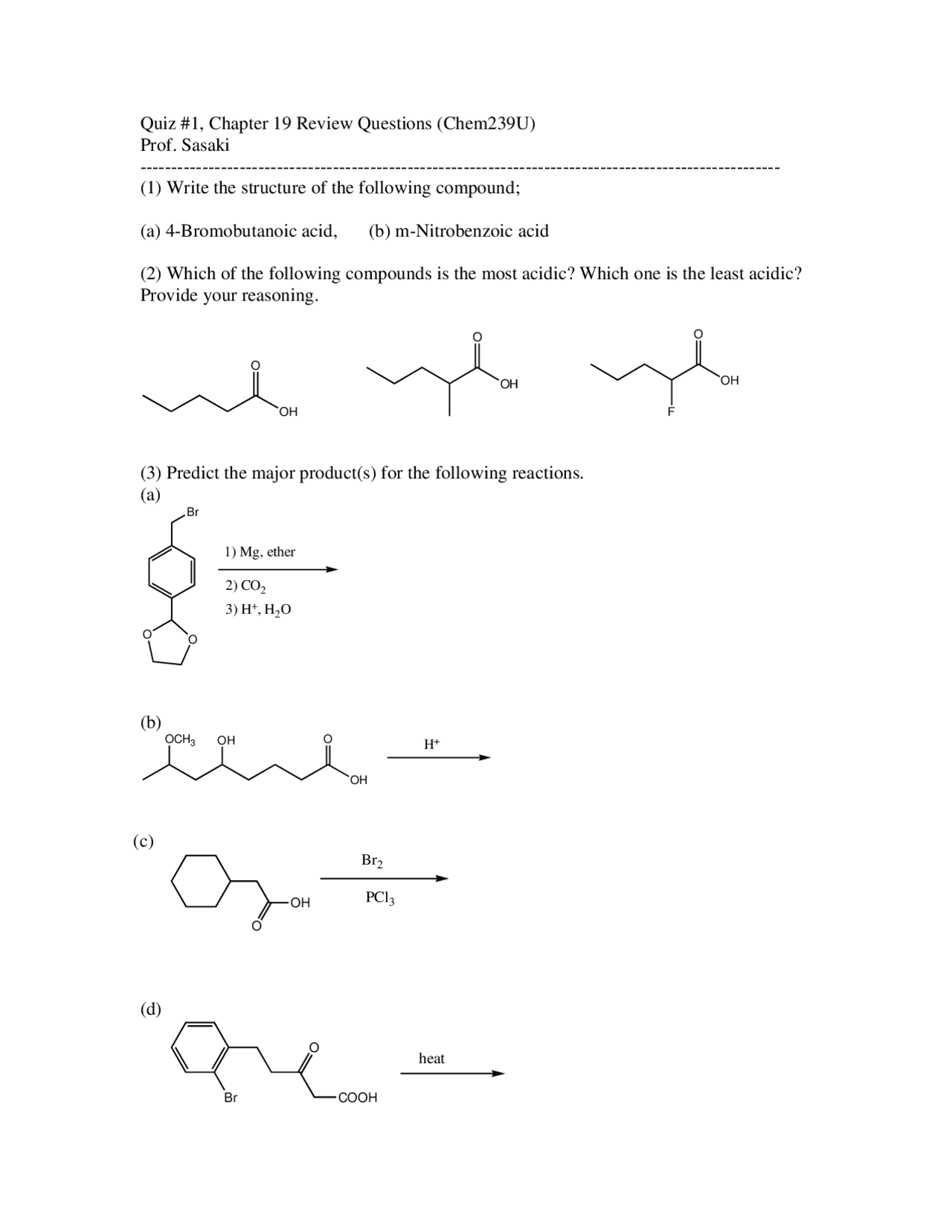 Review Questions for Organic Chemistry Quiz 1 CHEM 239 Docsity
