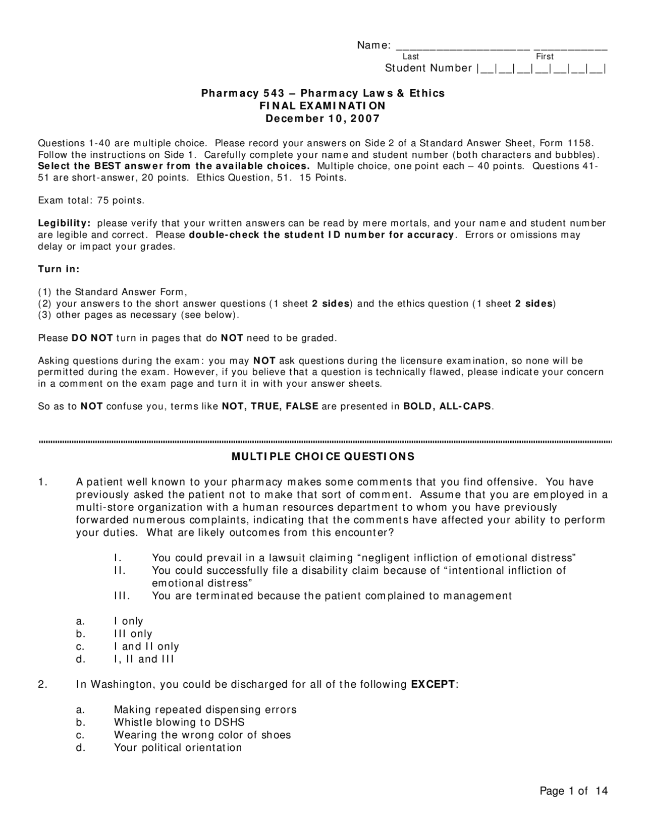 Pharmacy Laws and Ethics Final Exam PHARM 543 Exams Health