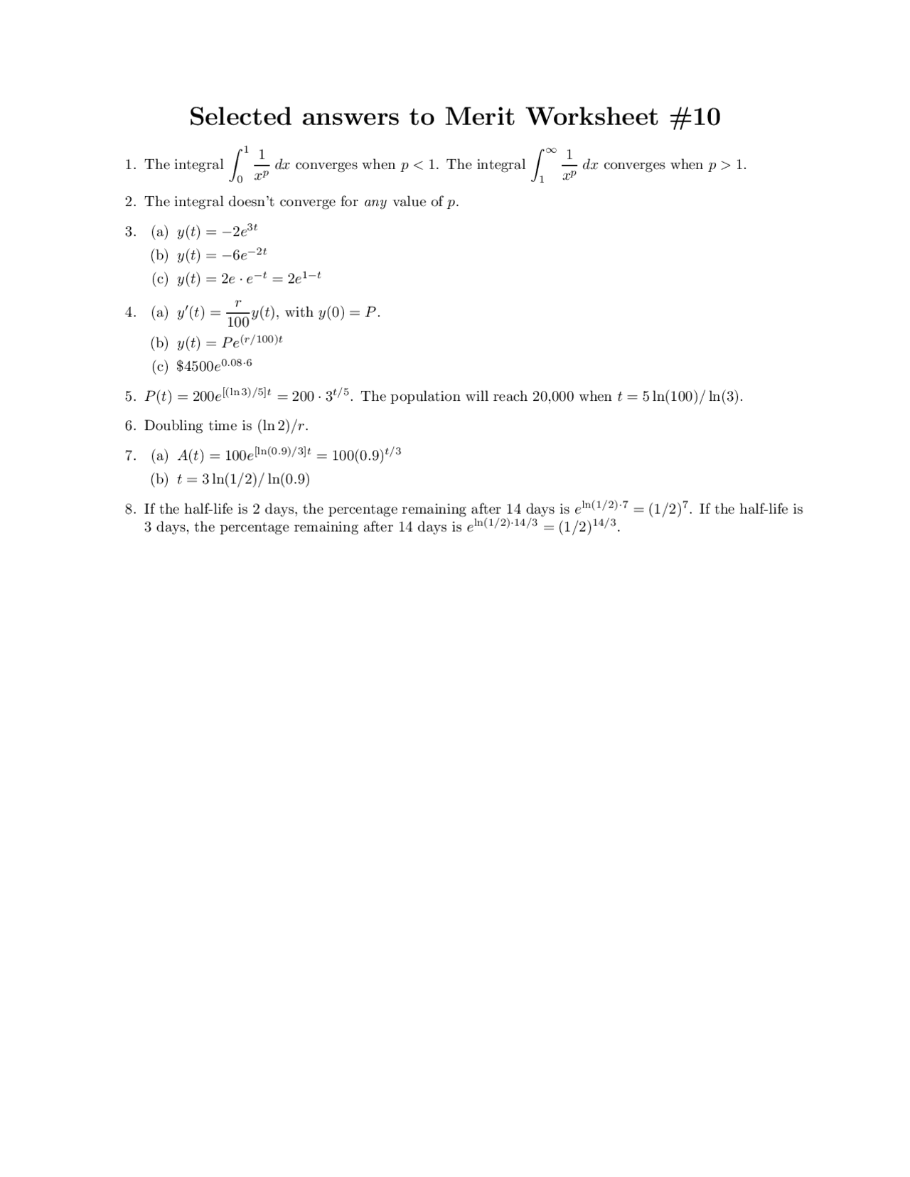 Selected Answer to Merit Worksheet 10 - Calculus II | MATH 231 - Docsity