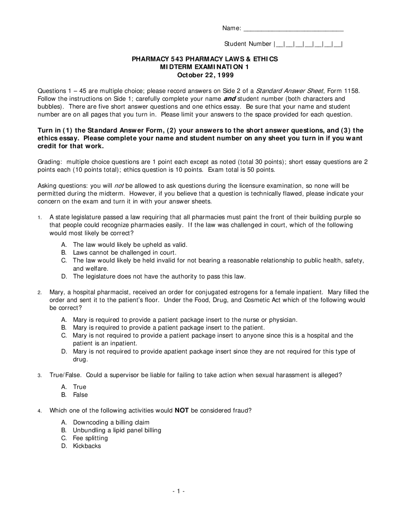 Multiple Choice Questions of Pharmacy Laws and Ethics Midterm Exam