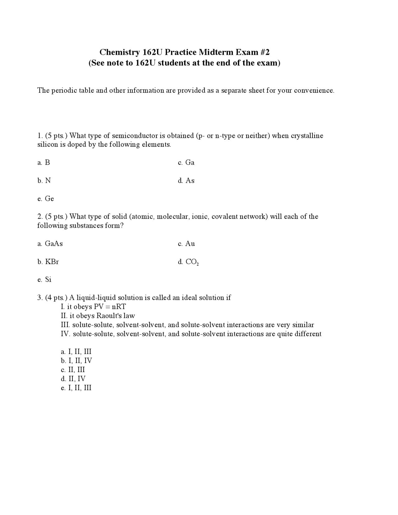 Practice Midterm Exam 2 - General Chemistry | CHEM 162 | Exams ...