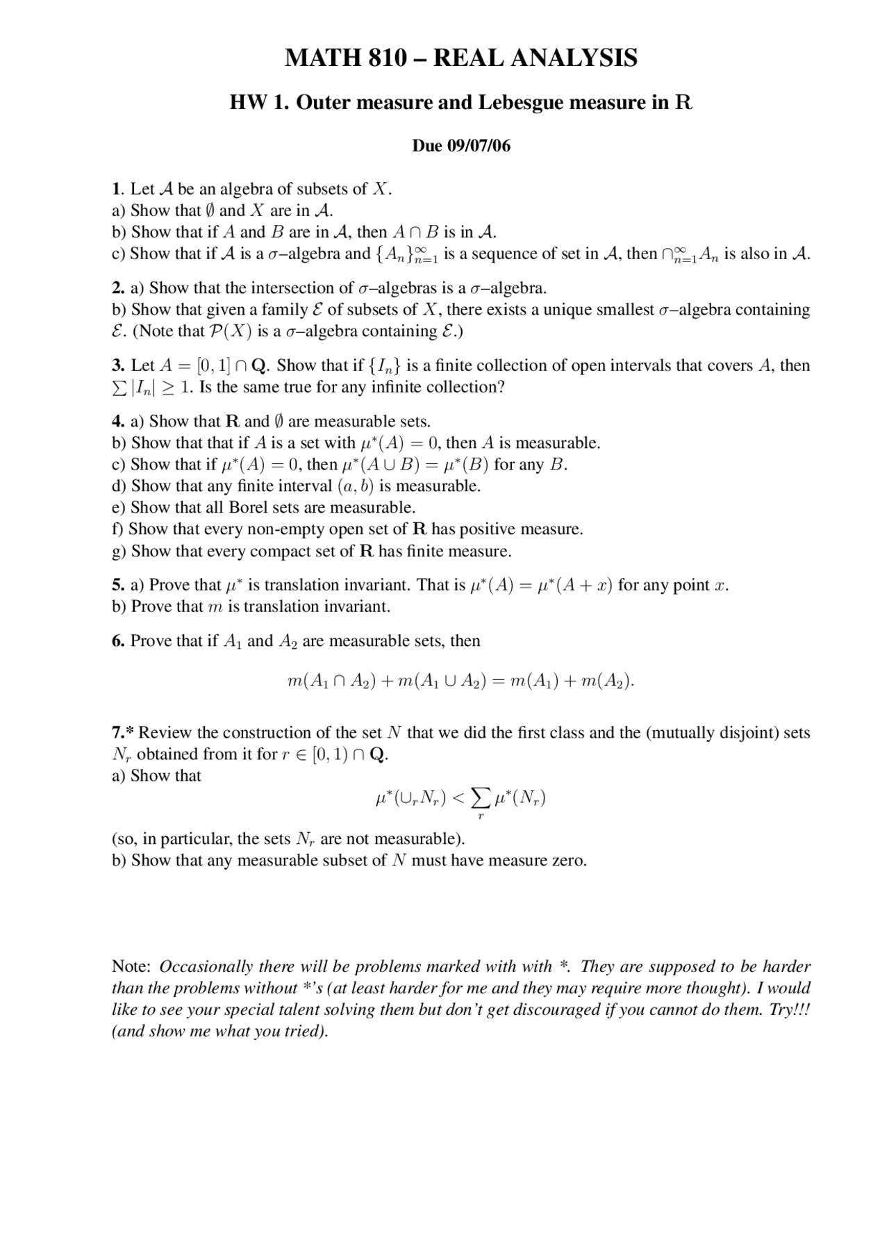7 Practice Problems on Real Analysis - Homework 1 | MATH 810 - Docsity