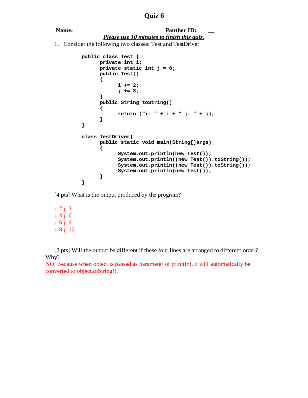 Quiz 6 with Solution - Java Programming | COP 2250 - Docsity
