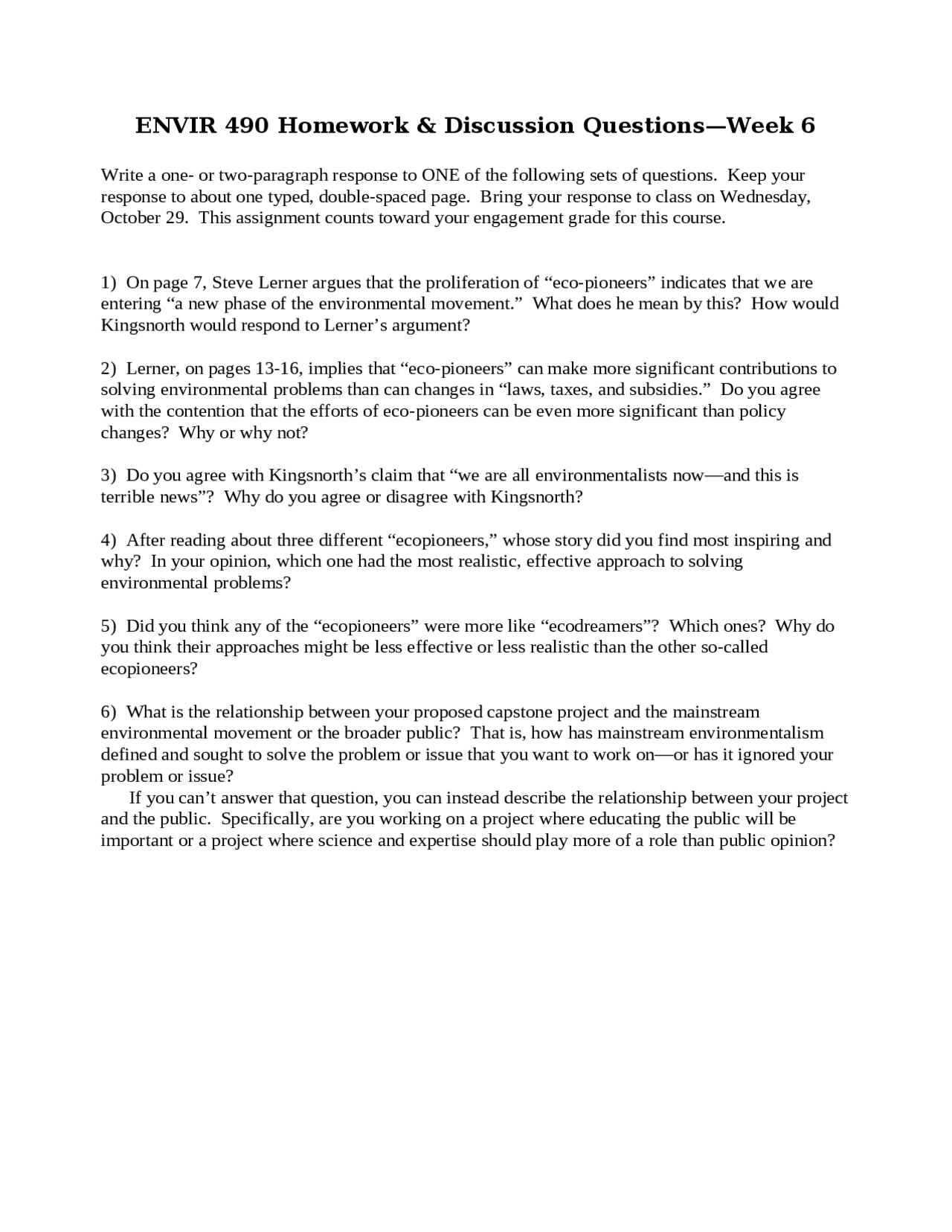 Homework And Discussion Questions Orientation To Environmental Envir 490 Docsity