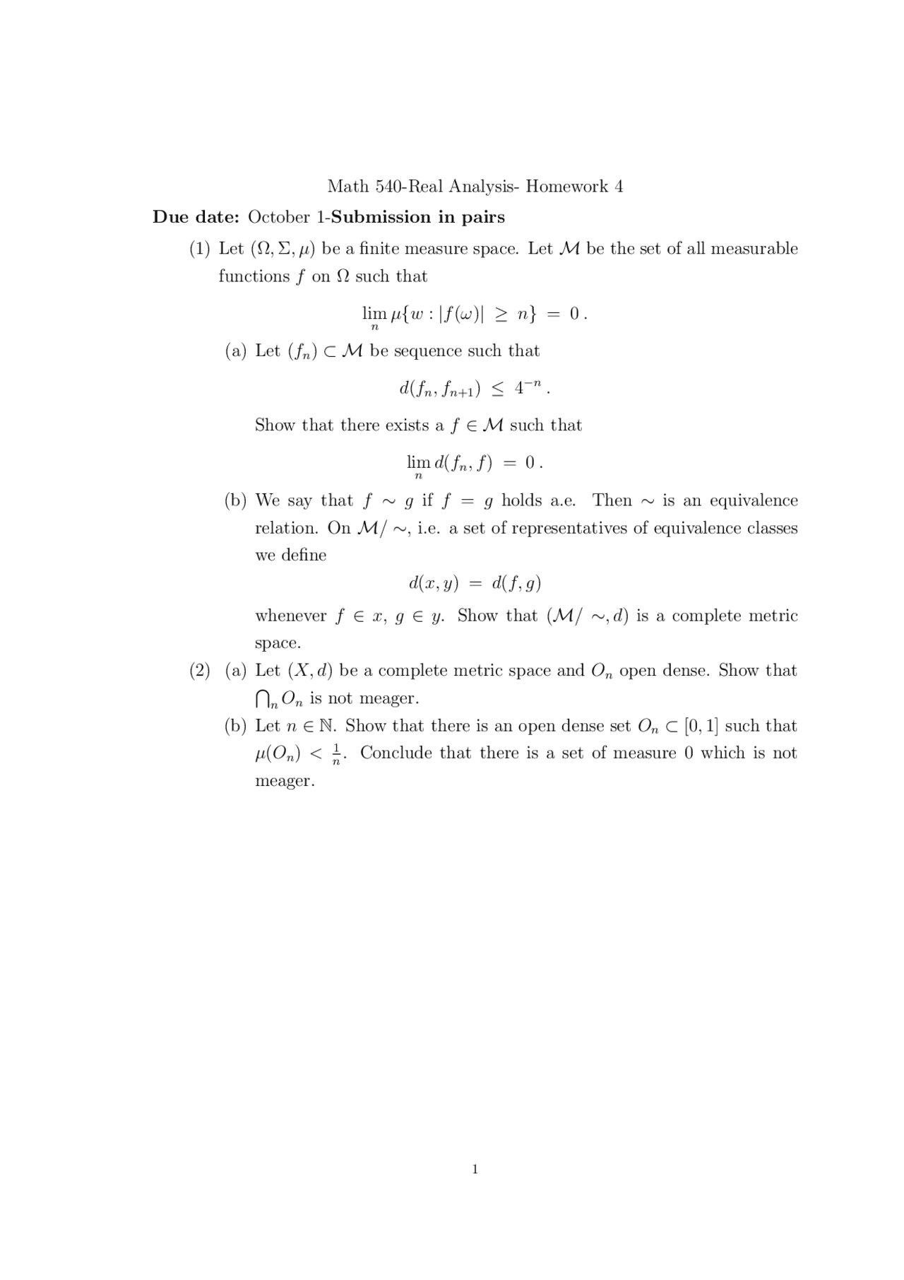 Homework 4 with 2 Problems on Real Analysis | MATH 540 - Docsity